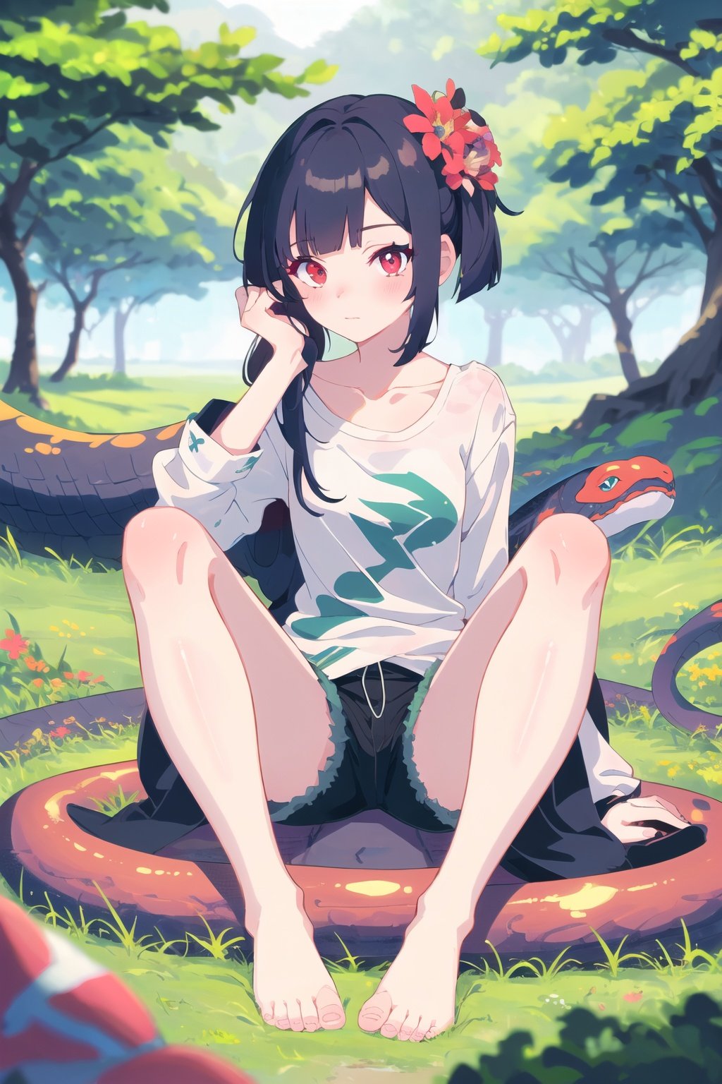 1girl,nature,barefoot,forest,sitting,long hair,black hair,shirt,flower,outdoors,grass,solo,shorts,tree,bangs,animal,white shirt,short sleeves,knee up,blurry,collarbone,heterochromia,blunt bangs,red eyes,snake,looking at viewer,closed mouth,oversized animal,<lora:Muse_DashV4-000390:1>,