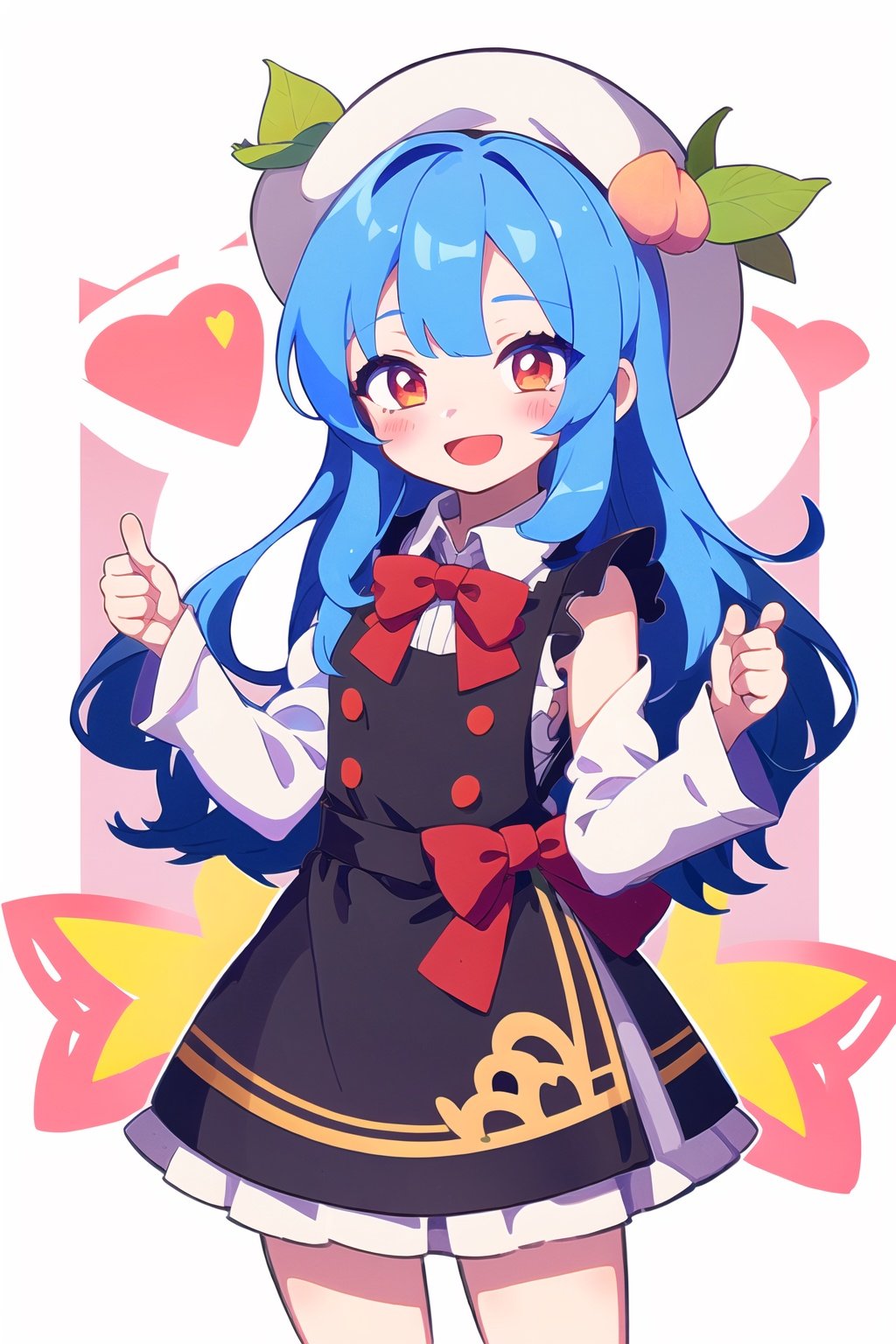 1girl,hinanawi tenshi,long hair,solo,blue hair,> <, bow, open mouth, hat, black headwear, smile, short sleeves, red bow, white background, shirt, simple background, white shirt, bowtie, blue skirt, fruit, peach, :d, blush stickers, skirt, closed eyes, red bowtie, food, puffy short sleeves, puffy sleeves, leaf, xd, thumbs up, chibi, facing viewer, cowboy shot, hat ornament, bangs, very long hair, v-shaped eyebrows, collared shirt, upper body, rainbow order, hands up, blouse, blush, wing collar, apron, frills, blue bow, sidelocks, standing, ribbon, index finger raised, buttons, happy ,<lora:Muse_DashV4-000390:1>,,,