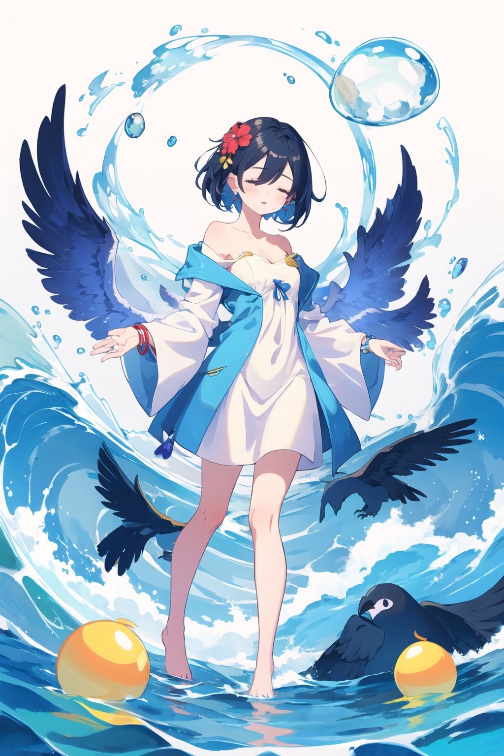 1girl,backless outfit,bare shoulders,bird,black hair,blue dress,blue hair,bracelet,bubble,closed eyes,cloud,collarbone,dress,earrings,flower,hair between eyes,hand on own chest,holding,jewelry,liquid clothes,long hair,looking at viewer,solo,strapless dress,tail,very long hair,water,water drop,waves,white background,white dress,wide sleeves,<lora:Muse_DashV4-000390:0.7>,