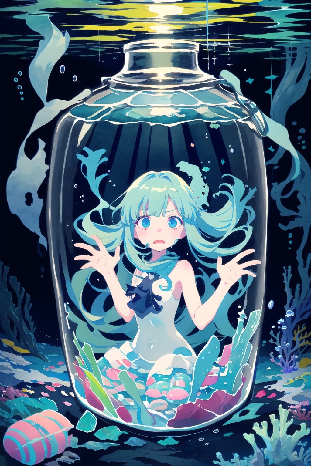 (imid shot:0.95),(full body:1.25),Dynamic angle,[Bottle bottom],(official art:1.2),//,mid shot,full body,//,(illustration),(watercolor:1.05),(((an extremely delicate and beautiful))),(water:1.3),//,(Deep-sea phobia:1.5),(Deep-sea:1.5),The drowning girl is slowly sinking,Underwater,Drowning,on water,Underwater,Panorama,wide angle,girl,solo,desperate and crazy expression,frown,expressionless,dark_persona,Despair,fear,darkness,claustrophobia,underwater world,deep sea,//,(broken glass jar:1.15),(girl in jar:1.35):(girl),(The girl was soaked in (a whole transparent glass incubator)),//,double exposure,visual impact,best quality,<lora:Muse_DashV4-000390:1>,