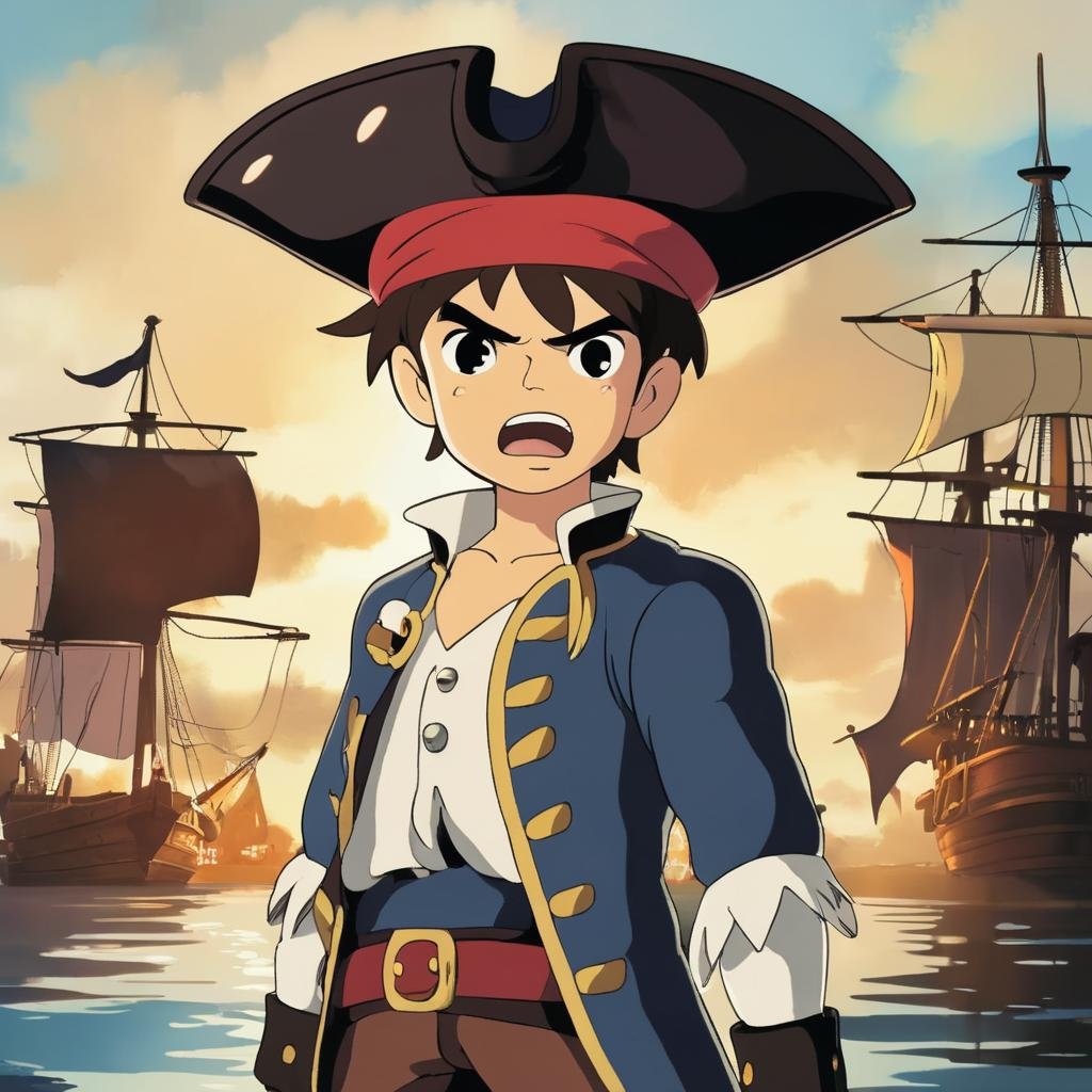 A pirate boy, angry, StdGBRedmAF <lora:StudioGhibliRedmond-StdGBRedmAF:1>