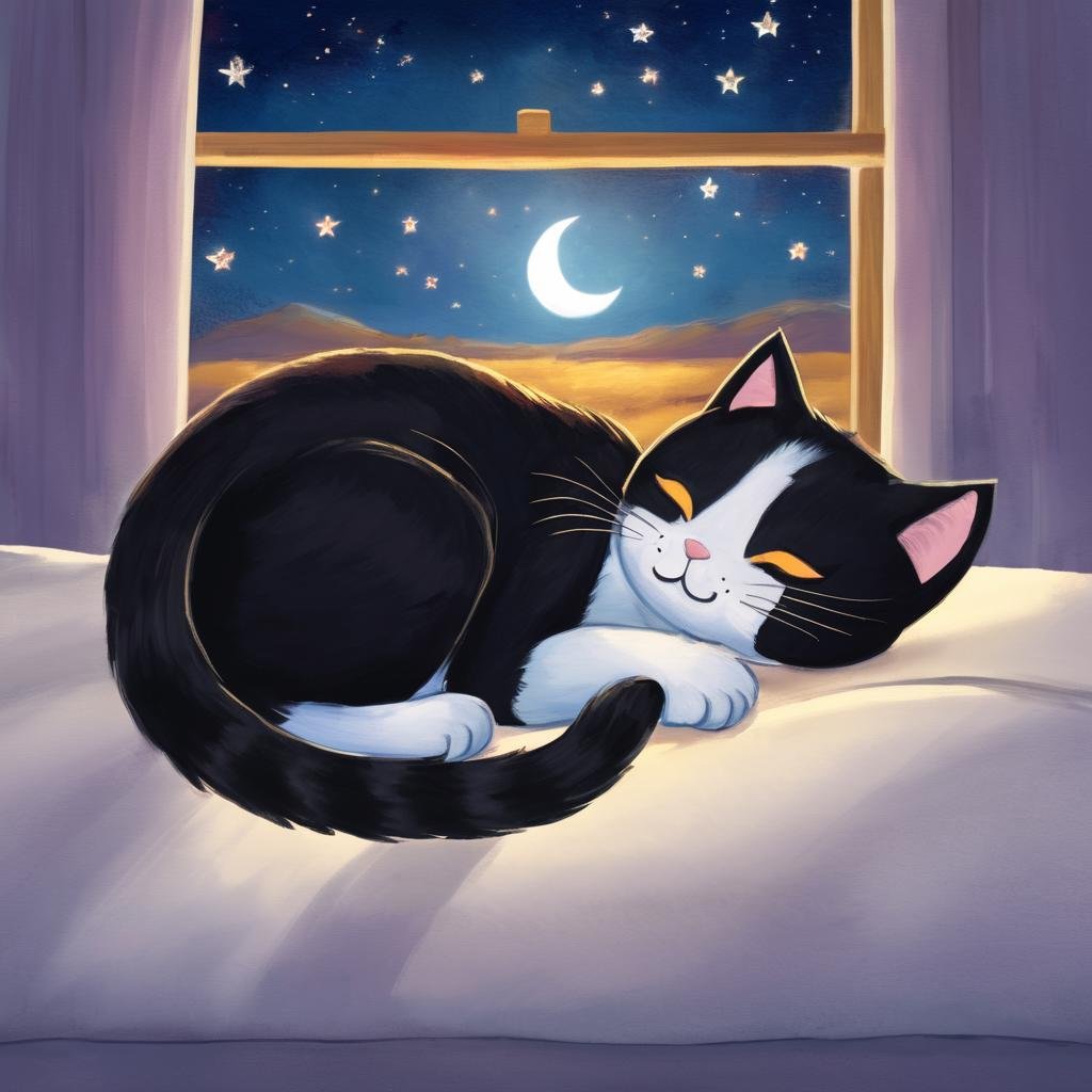 Sleepy Cat,  Clear Night,  Bedroom Landscape by artificialguybr on Tensor.Art