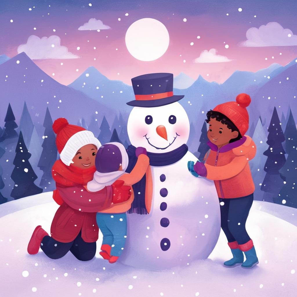 Winter Children's Book Illustration, Cool Color Palette, Snowman Family, Snowfall, Winter Wonderland Landscape, Twilight, Festive Mood,,Kids Book, KidsRedmAF, <lora:StorybookRedmondV2-KidsBook-KidsRedmAF:1>