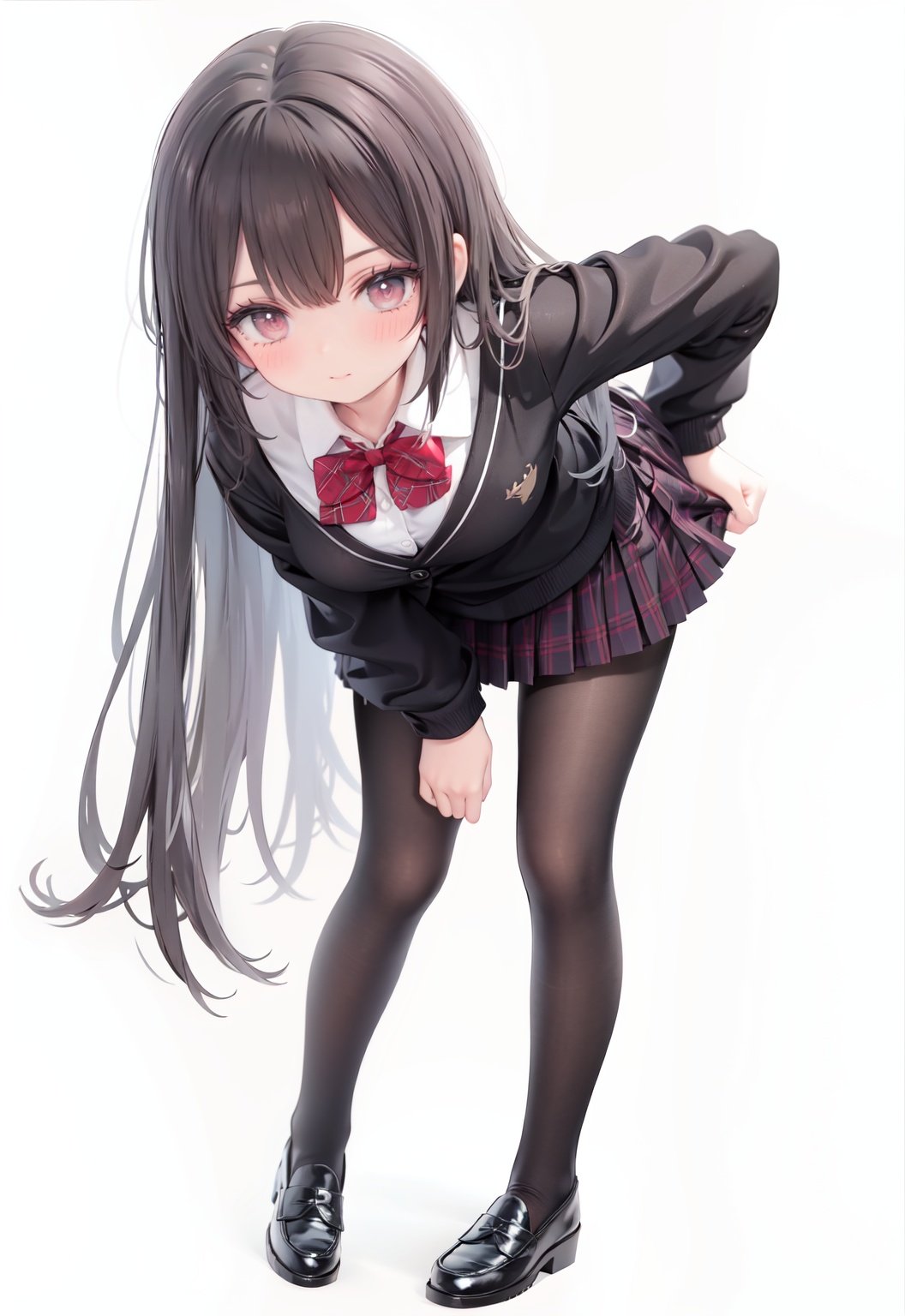  1girl, solo, pantyhose, skirt, long hair, loafers, shoes, simple background, school uniform, brown eyes, plaid, black pantyhose, plaid skirt, looking at viewer, black hair, pantyhose pull, full body, clothes pull, black footwear, pleated skirt, leaning forward, bangs, long sleeves, bent over, cardigan, bow, bowtie, standing, closed mouth, pulled by self, grey background, blush, miniskirt, red bow, sweater, undressing