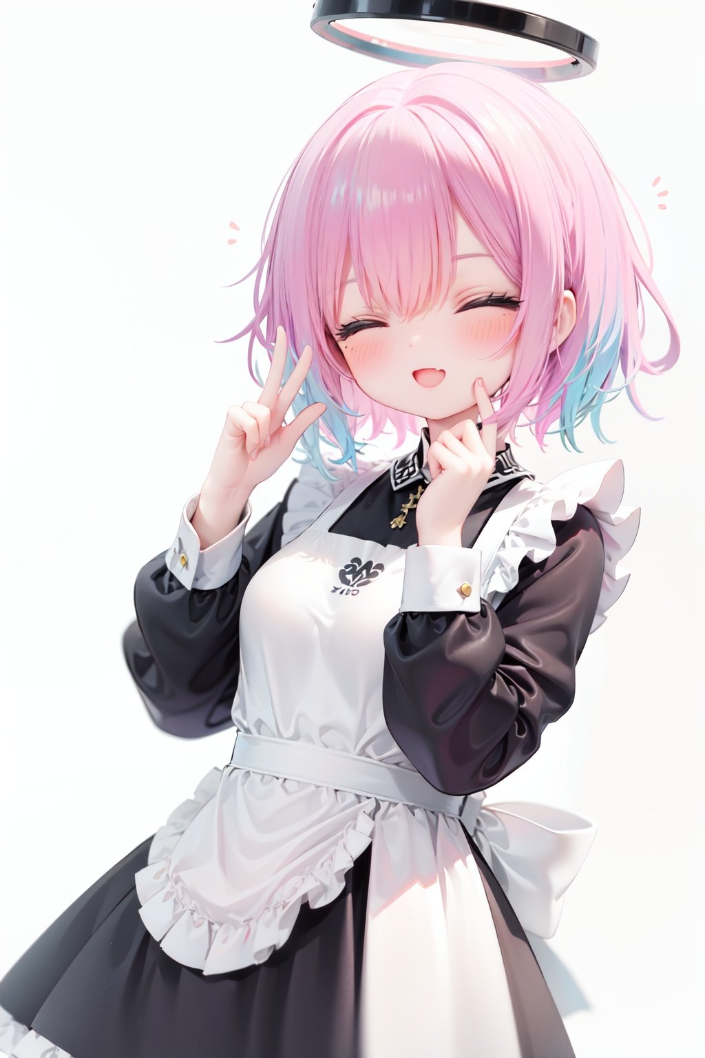  1girl, solo, apron, halo, hair over one eye, closed eyes, smile, white background, dress, white apron, simple background, long sleeves, multicolored hair, braid, open mouth, blue hair, alternate costume, blush, bangs, :d, pink hair, black dress, ribbon, frilled dress, enmaided, short hair, hand up, colored inner hair