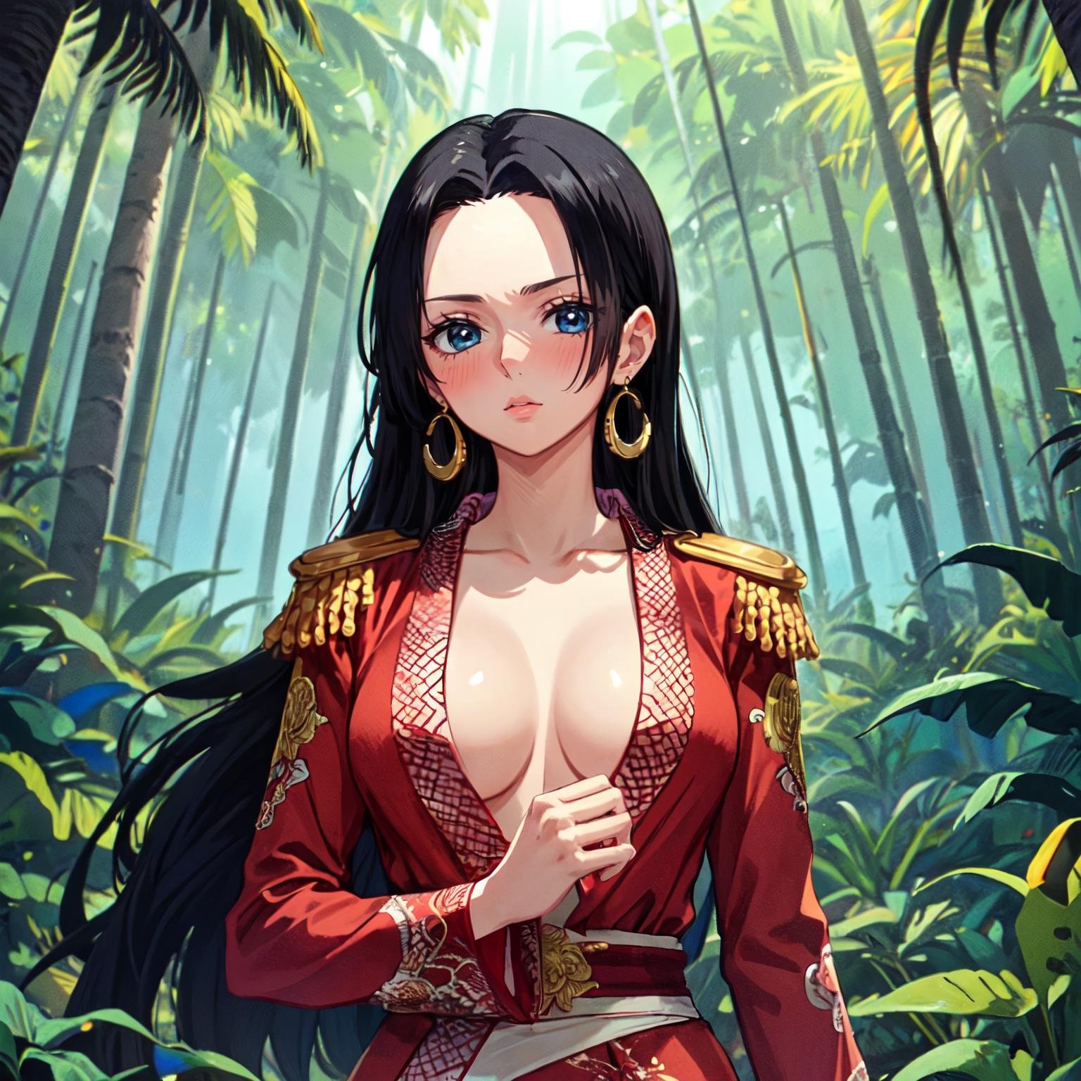 masterpiece, best quality, <lora:OnePieceCharacters:1>, boa1, 1girl, solo, blue eyes, black hair, long hair, earrings, blush, long sleeves, epaulettes, outdoors, jungle, island, scenery