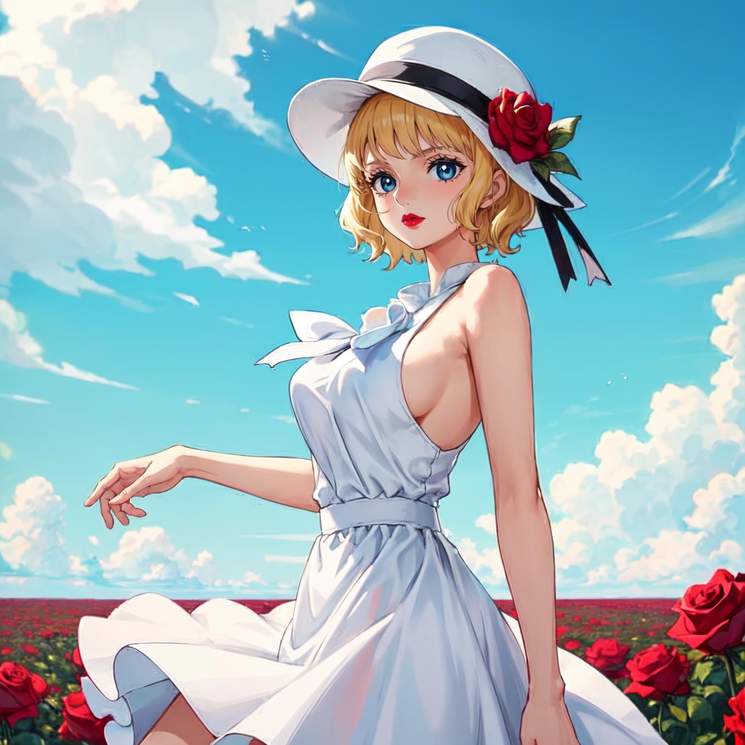 masterpiece, best quality, <lora:OnePiece-000047-1:1>, stu1, 1girl, solo, blue eyes, blonde hair, short hair, dress, hat flower, rose, sideboob, white headwear, lipstick, outdoors, sky, day