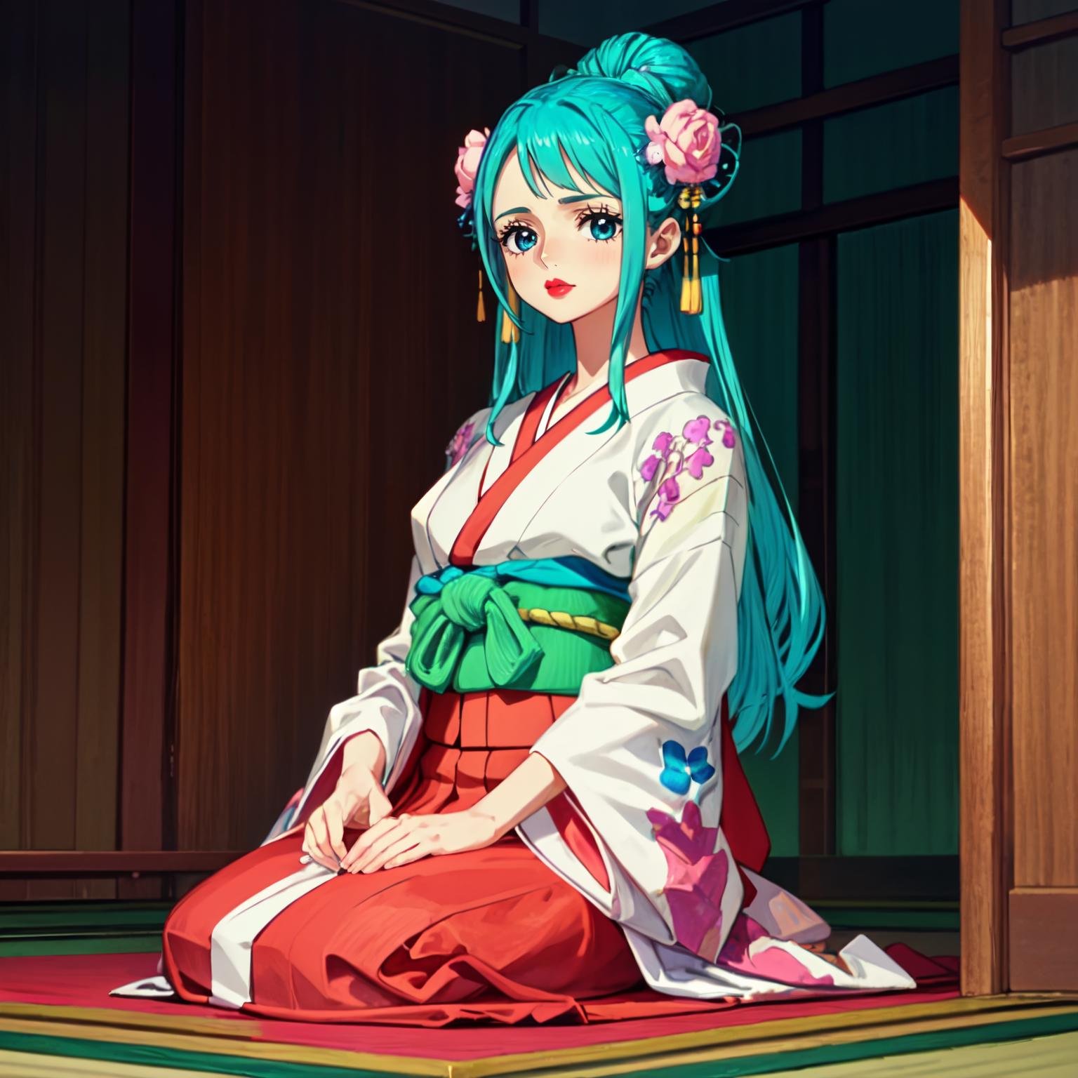 best quality, masterpiece, <lora:OnePieceCharacters:1>, hiy1, 1girl, solo, lipstick,pink kimono, long hair, seiza, blue eyes, aqua hair