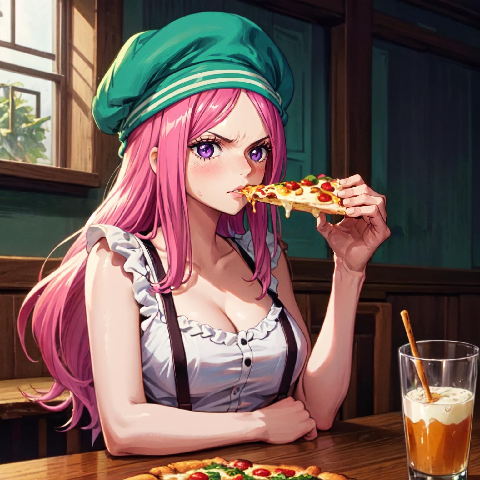 masterpiece, best quality, <lora:OnePieceCharacters:1>, bny1, 1girl, solo, purple eyes, pink hair, long hair, green headwear, suspenders, cleavage, white shirt, frills, holding pizza, eating, indoors, bar