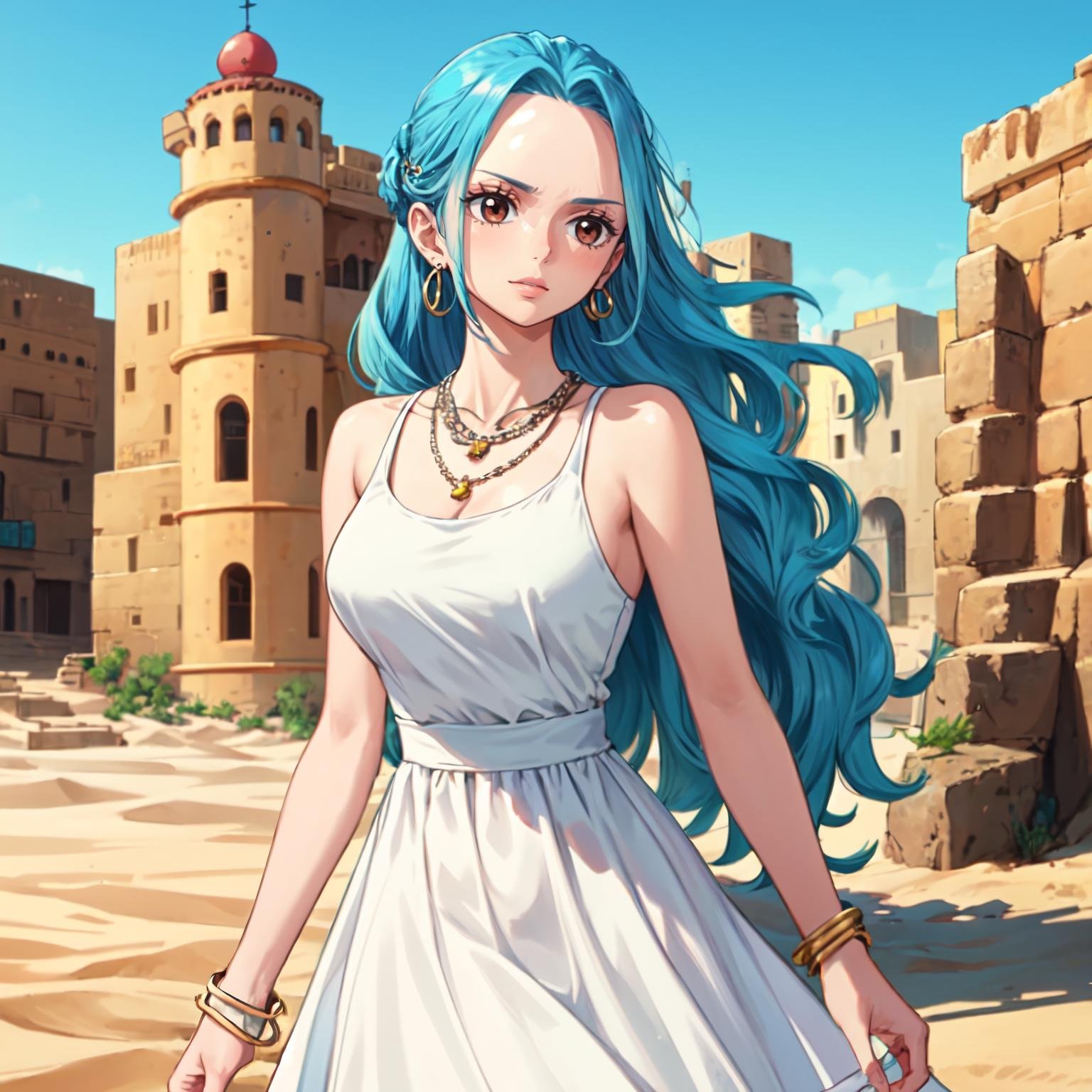 masterpiece, best quality, <lora:OnePiece-000047-1:1>, viv1, 1girl, solo, brown eyes, blue hair, long hair, earrings, necklace, bracelet, dress, sleeveless, desert city, outdoors