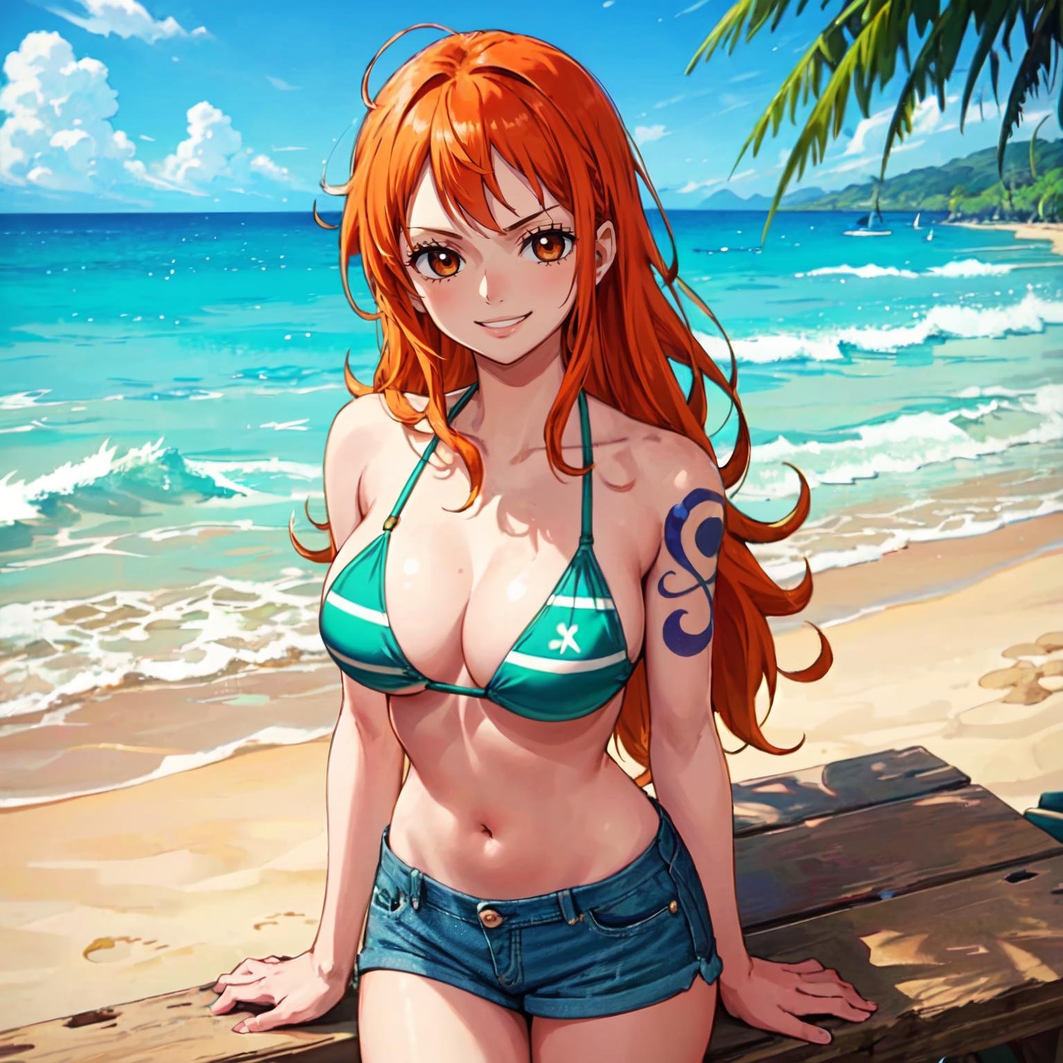 best quality, masterpiece, <lora:OnePieceCharacters:1>, nampos1, 1girl, solo, brown eyes, orange hair, long hair, shoulder tattoo, denim shorts, green bikini, smirk, outdoors, beach, scenery, looking at viewer