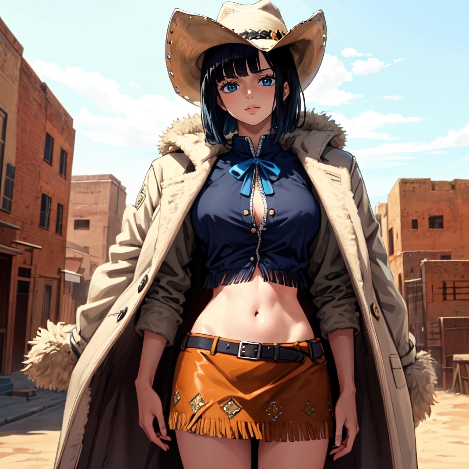 best quality, masterpiece, <lora:OnePiece-000047-1:1>, rbnpre1, 1girl, solo, blue eyes, black hair, short hair, fringe trim, cowboy hat, fur trim, open coat, navel, skirt, desert, scenery