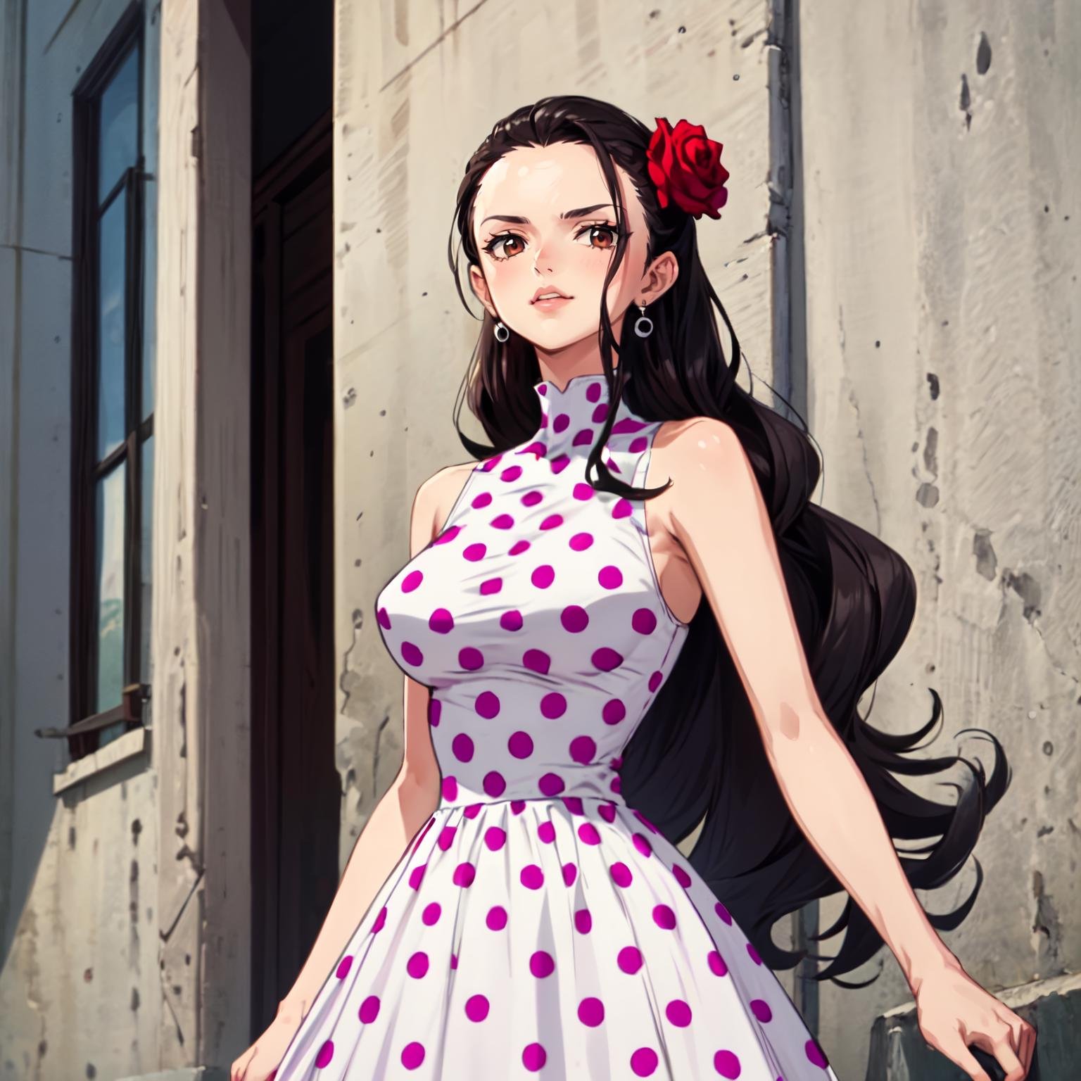 masterpiece, best quality, <lora:OnePiece-000047-1:1>, vol1, 1girl, solo, brown eyes, black hair, long hair, hair flower, rose, earrings, polka dot dress, sleeveless dress, lipsick, outdoors