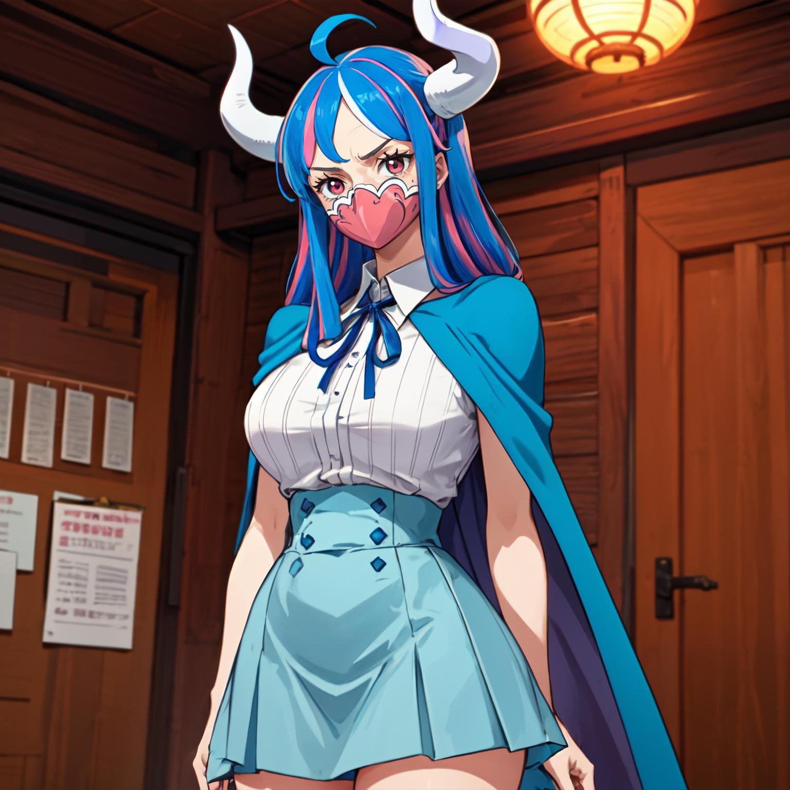 masterpiece, best quality, <lora:OnePiece-000047-1:1>, uli1, 1girl, solo, pink eyes, multicolored hair, ahoge, mouth mask, curled horns, arm behind back, blue cape, blue skirt, high-waist skirt, white shirt, neck ribbon, collared shirt, ribbed shirt, cowboy shot, east asian architecture, indoors