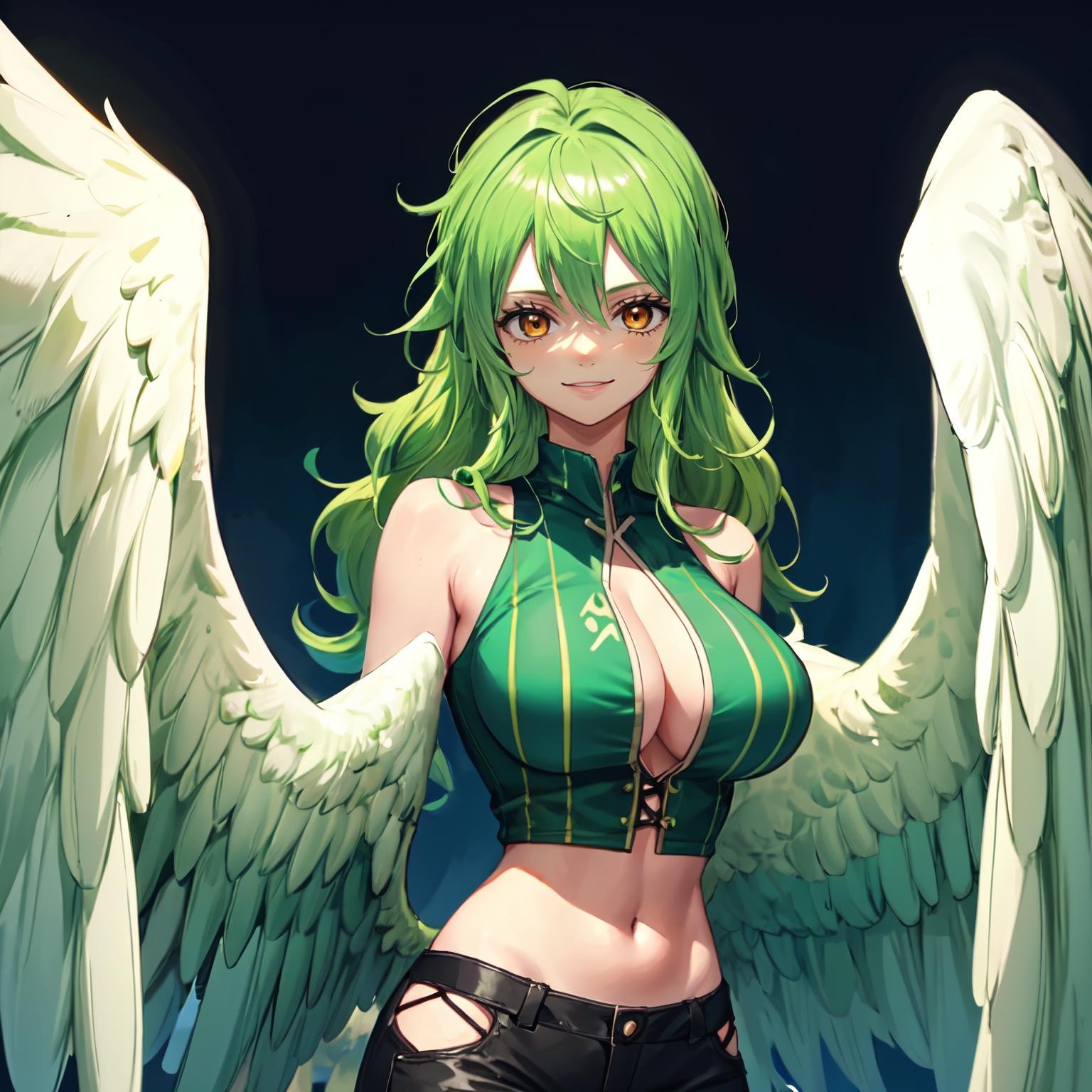 best quality, masterpiece, <lora:OnePieceCharacters:1>, mon1, 1girl, solo, large breasts, yellow eyes, green hair, long hair, smile, winged arms, feathered wings, crop top, green top, bare shoulders, looking at viewer, cowboy shot