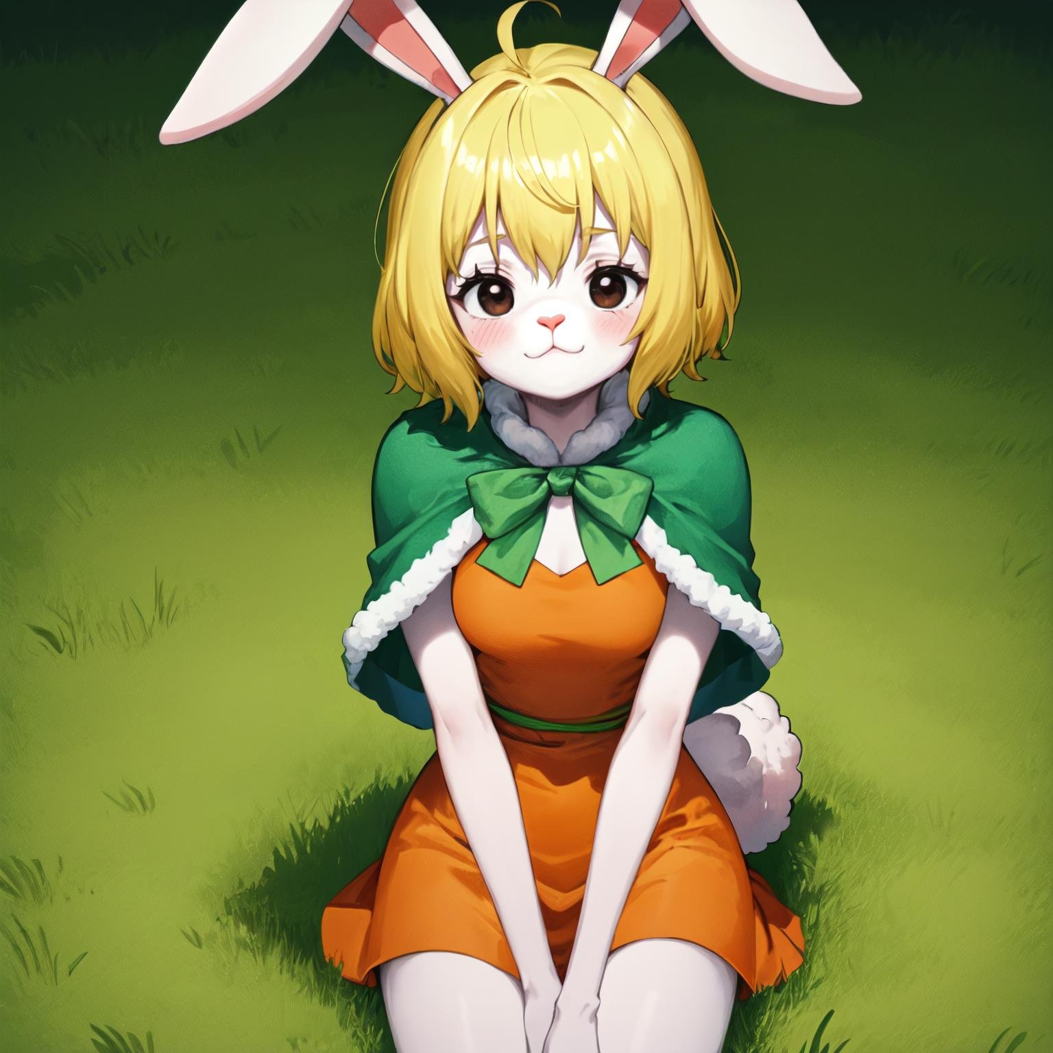 best quality, masterpiece, <lora:OnePieceCharacters:1>, cro1, 1girl, solo, black eyes, blonde hair, short hair, rabbit ears, rabbit tail, animal nose, blush, orange dress, green bow, capelet, looking at viewer, sitting in the grass