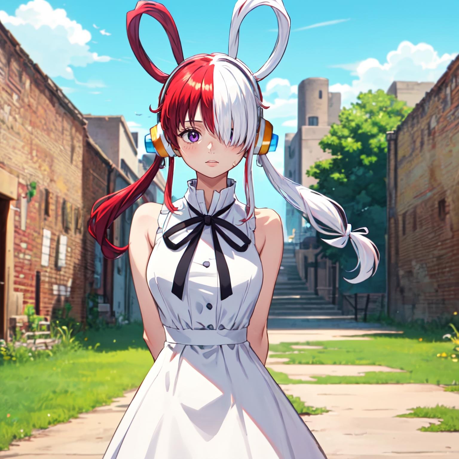 masterpiece, best quality, <lora:OnePiece-000047-1:1>, utta1, 1girl, solo, purple eyes, split-color hair, hair rings, hair over one eye, long hair, headphones, white dress, ribbon, arms behind back, outdoors