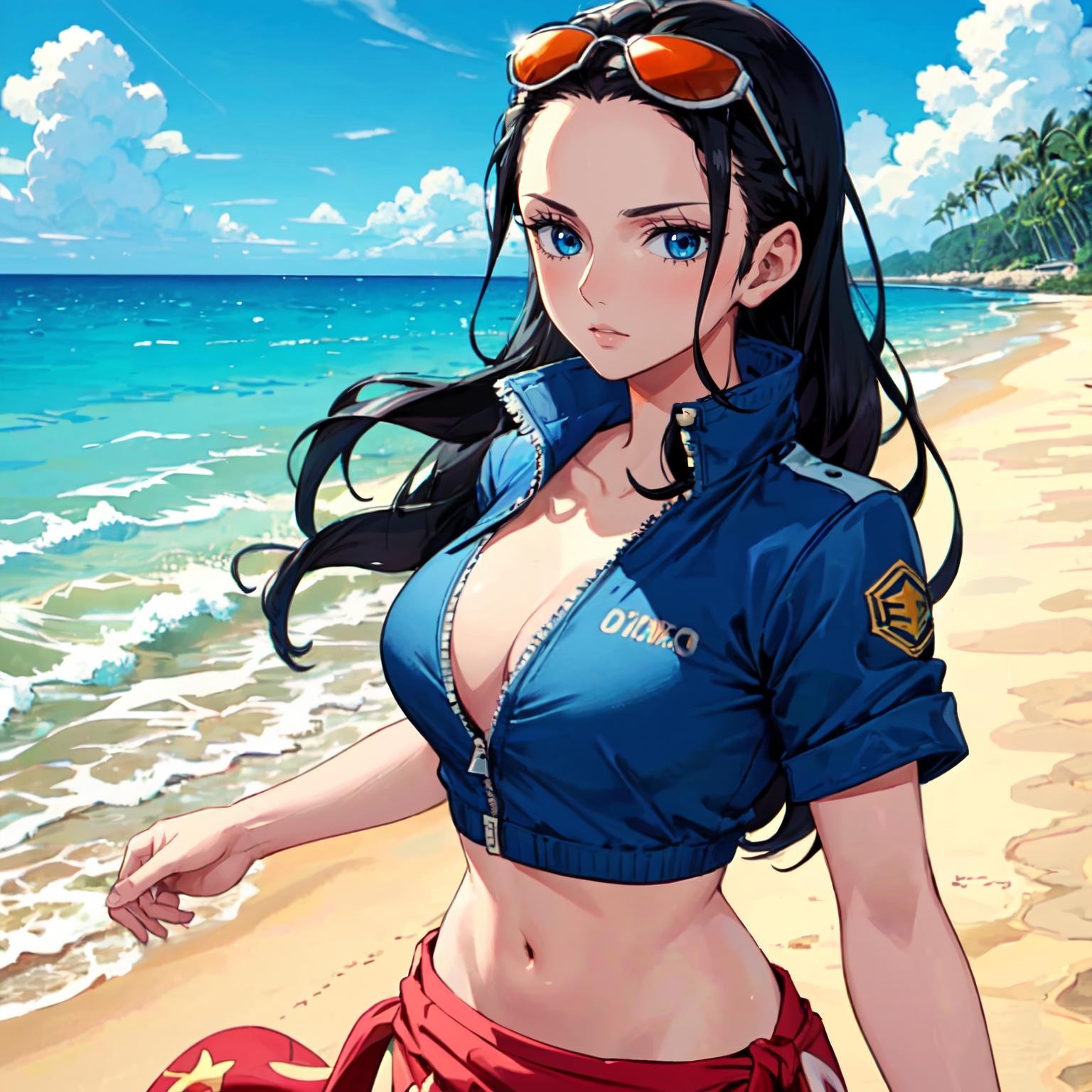 best quality, masterpiece, <lora:OnePiece-000047-1:1>, rbnpos1, 1girl, solo, blue eyes, black hair, long hair, eyewear on head, hair slicked back, sarong, midriff, crop top, short sleeves, jacket, outdoors, beach, scenery