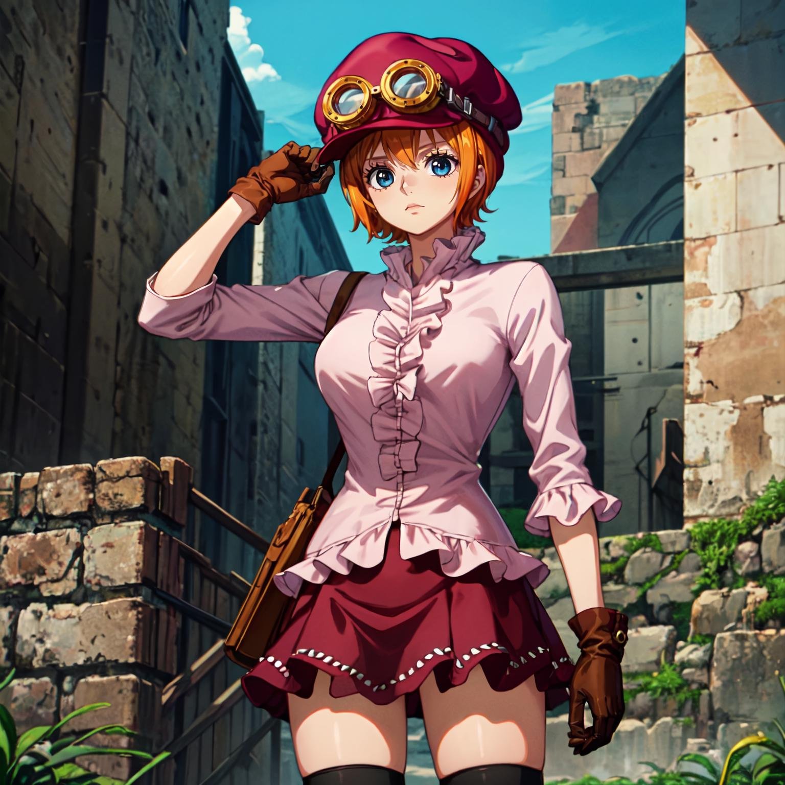 best quality, masterpiece, <lora:OnePieceCharacters:1>, koa1, 1girl, solo, blue eyes, orange hair, short hair, hat, goggles on headwear, pink shirt, zettai ryouiki, black thighhighs, brown gloves, miniskirt, frills, outdoors, looking at viewer