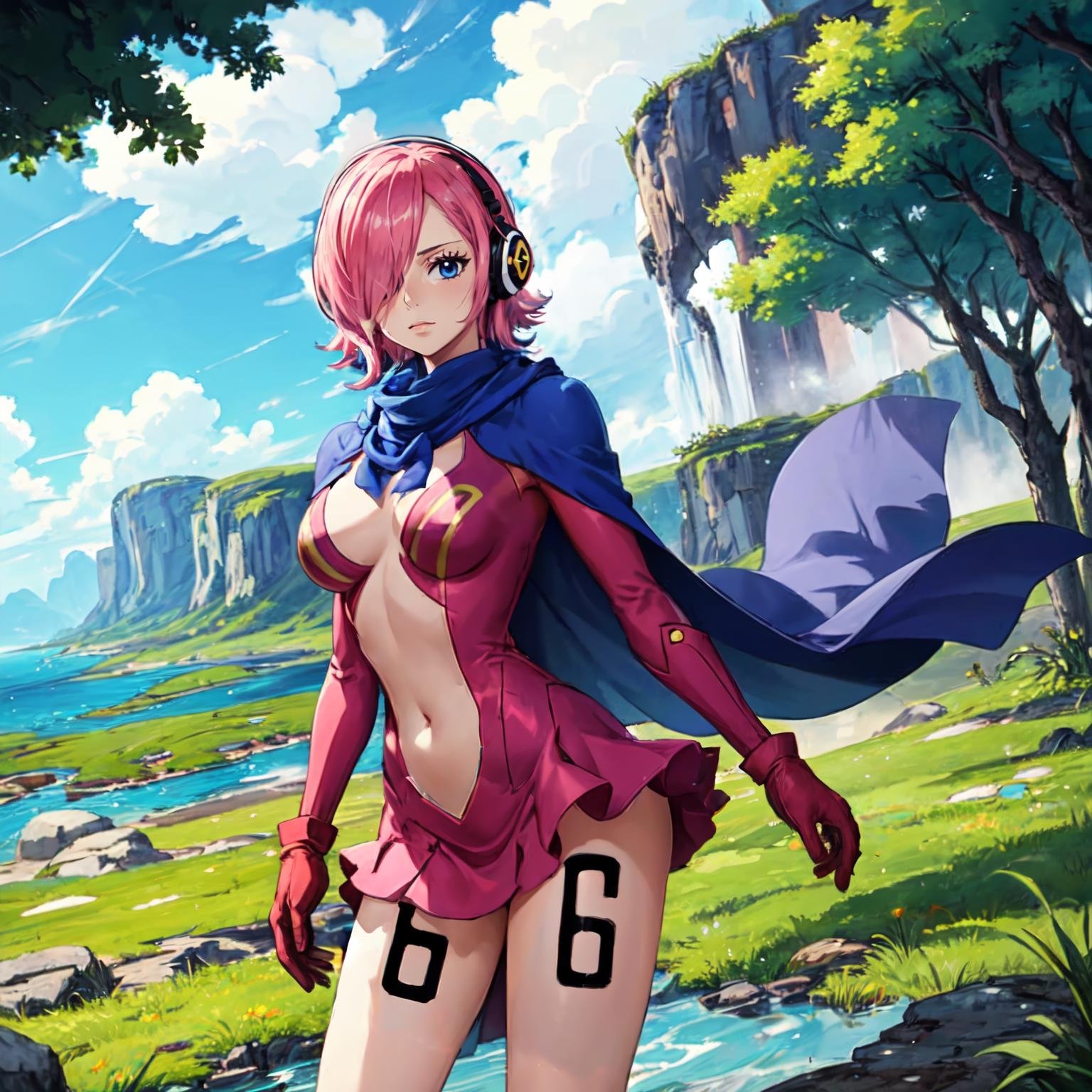 best quality, masterpiece, <lora:OnePiece-000047-1:1>, rej1, 1girl, solo, blue eyes, pink hair, short hair, hair over one eye, headphones, leg tattoo, blue scarf, pink dress, navel, gloves, cape, center opening, outdoors, nature, scenery, looking at viewer