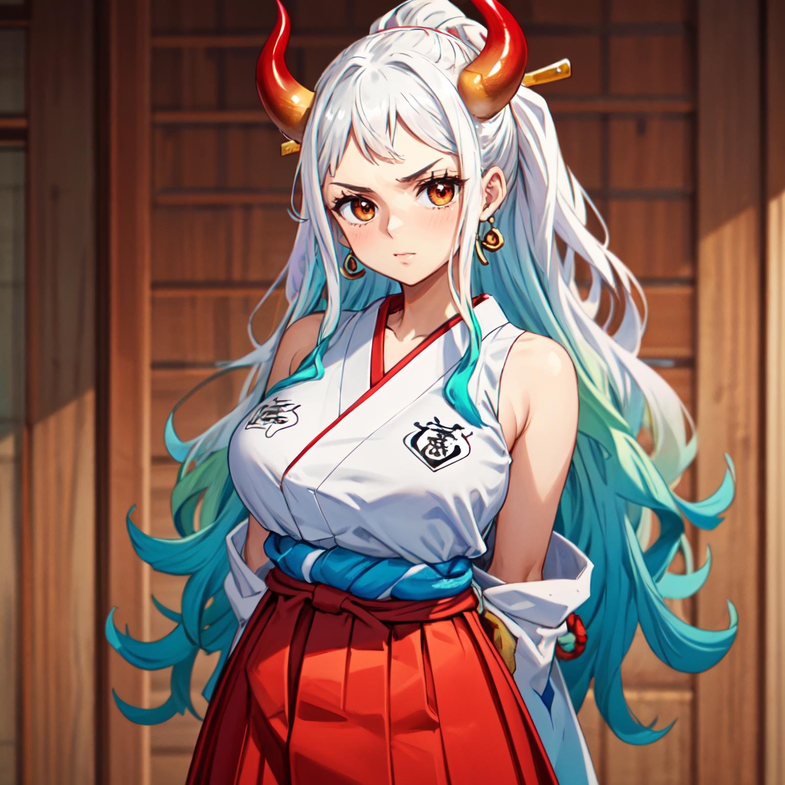 masterpiece, best quality, <lora:OnePiece-000047-1:1>, ymt1, 1girl, solo, horns, earrings, hair stick, shimenawa, sleeveless kimono, red hakama, large breasts, arms behind back