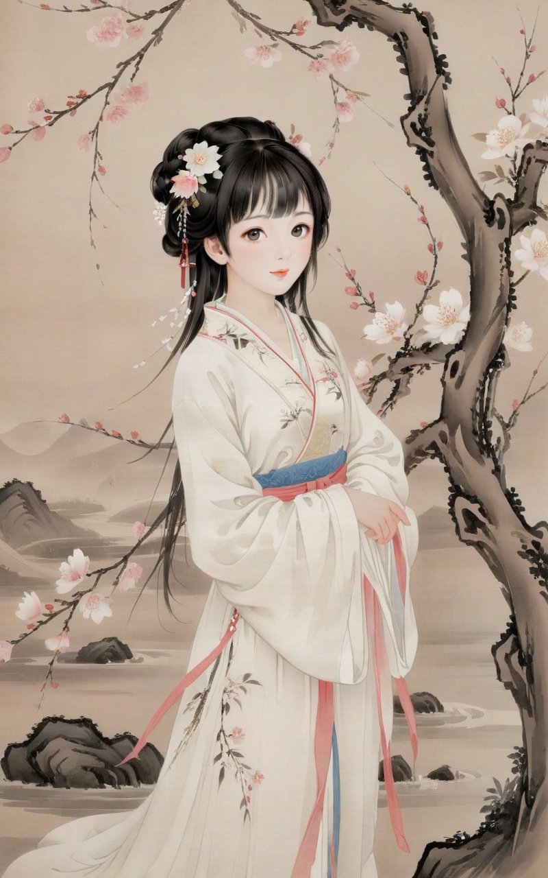 negative space,portrait of a woman standing,willow branches,(masterpiece, best quality:1.2),traditional chinese ink painting,modelshoot style,peaceful,(smile),looking at viewer,(wedding dress:0.8),(mechanical exoskeleton:1),song,willow tree in background,wuchangshuo,(Highest picture quality),(Master's work),(ultra-detailed),(Detailed eye description:1.2),masterpiece,best quality,absurdres,original,extremely delicate and beautiful,beautiful detailed eyes and face,1girl,black_hair,cherry blossom,white_clothes,looking_at_viewer,mole,pink_flower,solo,(masterpiece:1.4),(best quality:1.4),