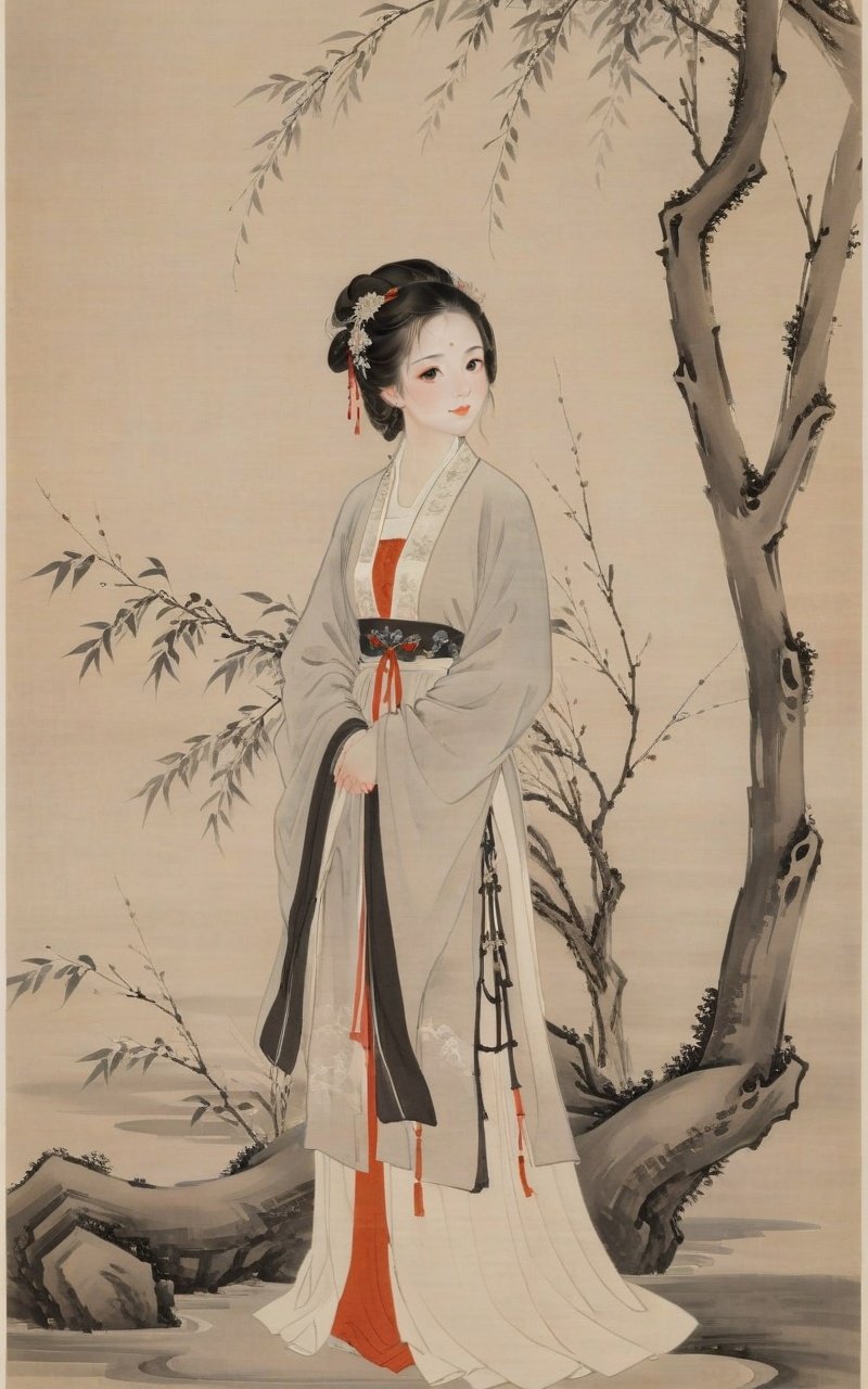 shukezouma, negative space, shuimobysim , portrait of a woman standing , willow branches, (masterpiece, best quality:1.2), traditional chinese ink painting, modelshoot style, peaceful, (smile), looking at viewer, wearing long hanfu, hanfu, song, willow tree in background, wuchangshuo