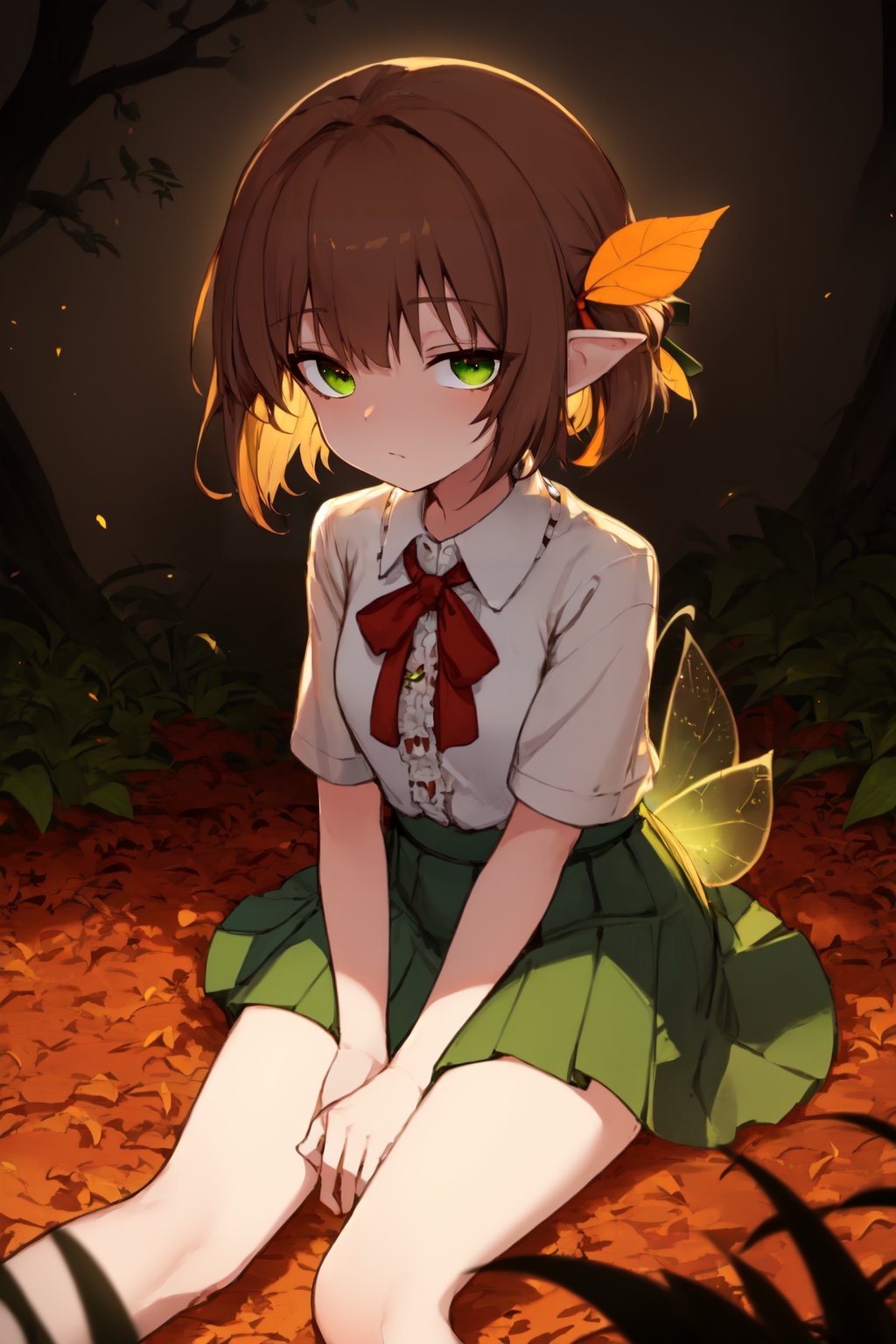 1girl solo jkstyle sitting brown-hair legs-apart spread-arms whimsical-autumn-garden multicolored-leaves faerie-lights-cas...