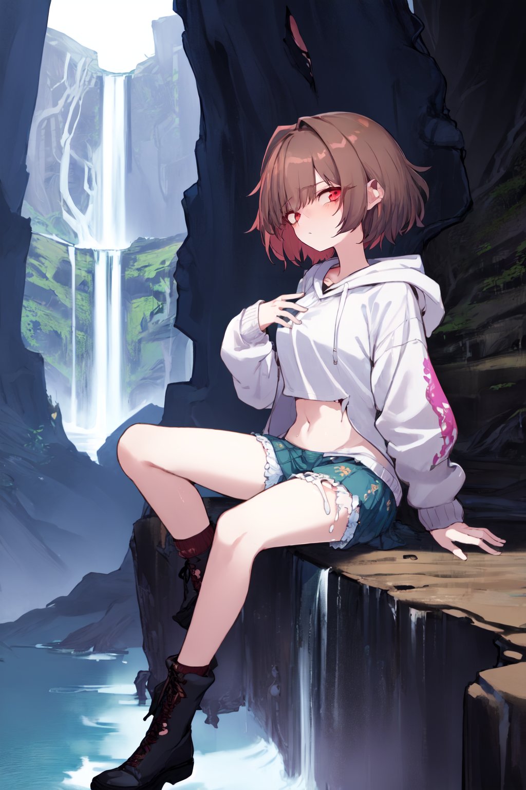 1girl solo jkstyle sitting brown-hair knees-to-chest contrapposto waterfall canyon cliffs evening clear awe-inspiring scen...