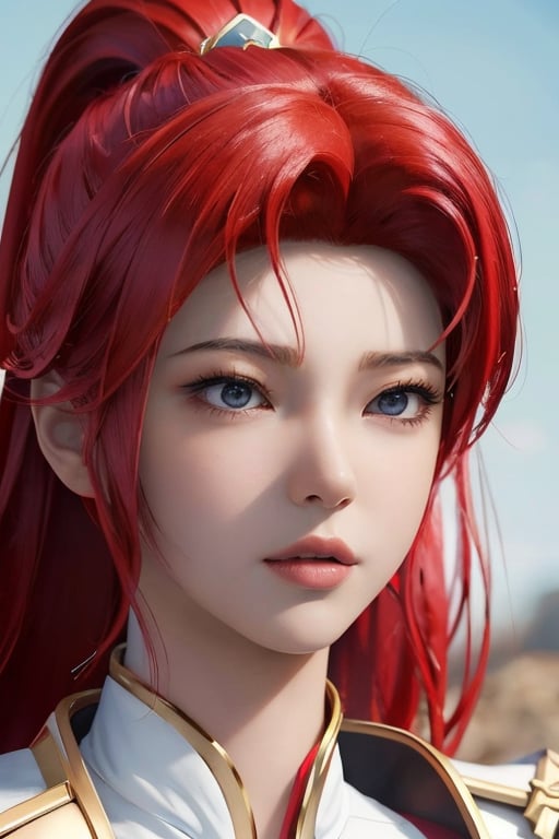 a close up of a woman with red hair and a white jacket, portrait knights of zodiac girl, female redhead templar, portrait of a female anime hero, sakimi chan, sakimichan frank franzzeta, realistic cosplay, anime girl cosplay, erza scarlet as a real person, hyper realistic anime, sakimichan