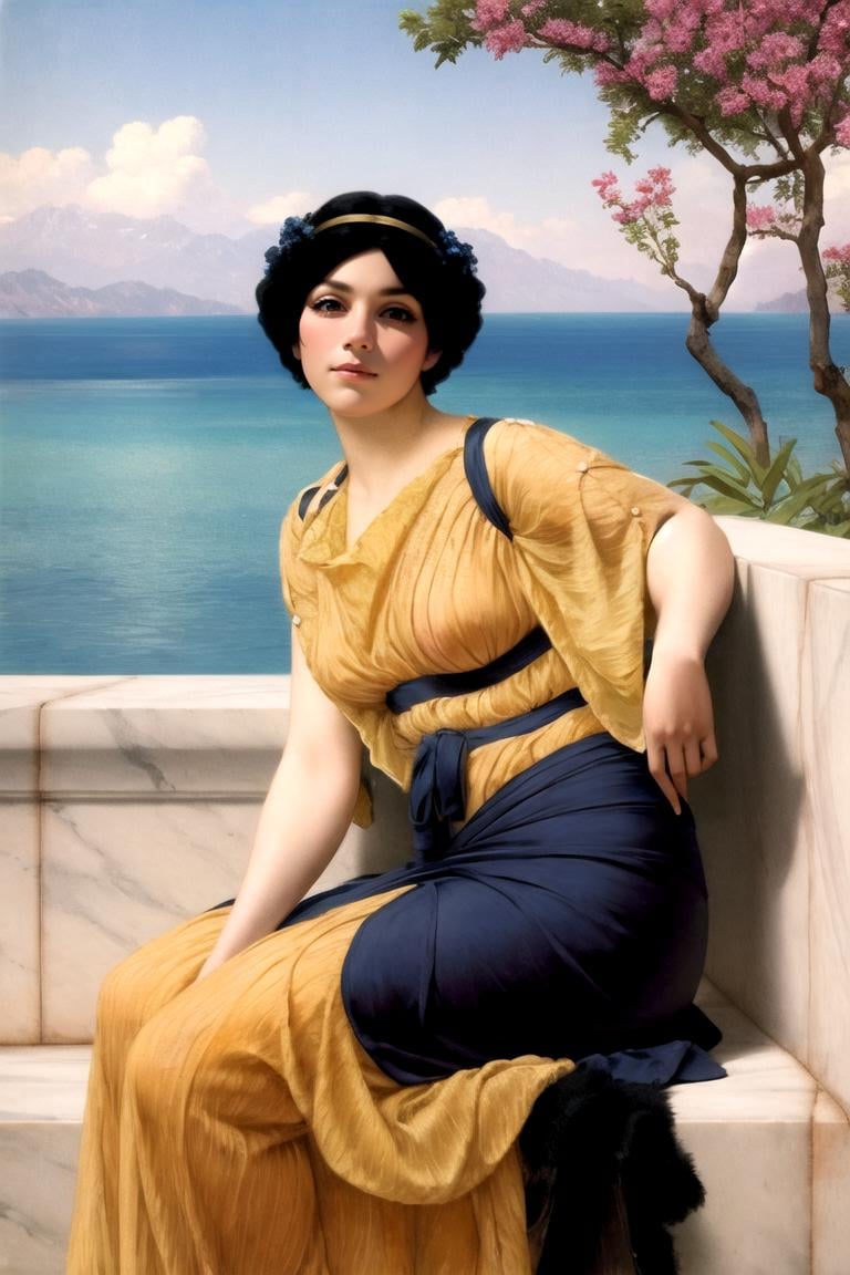 masterpiece, best quality, high quality, highres,looking at viewer,ARTSTYLE_JohnWilliamGodward_ownwaifu, www.ownwaifu.com, realistic, fine art parody, painting \(medium\), 1girl, solo, black hair, dress, sitting, lips, flower, outdoors, day, short hair, sky, tree, plant, cloud, jewelry, ocean, breasts, water, potted plant, vase, scenery, <lora:ARTSTYLE_JohnWilliamGodward_ownwaifu-15:1> 