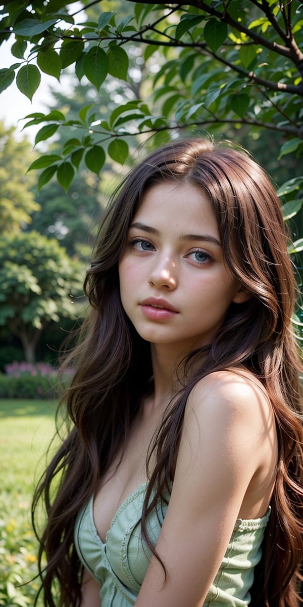 A girl with long, flowing hair (best quality, realistic:1.37), beautiful blue eyes, and luscious lips is standing in a vibrant garden. She exudes an air of confidence and sensuality, her pose suggesting a hint of seduction. The garden is filled with colorful flowers and lush greenery, creating a picturesque backdrop. The sunlight filters through the leaves, casting soft, warm rays on the girl's flawless skin. The scene overall has a dreamy and whimsical quality, reminiscent of a oil painting (masterpiece:1.2). The colors are rich and vibrant, with a slightly warm and romantic tone. The lighting is soft and gentle, enhancing the girl's natural beauty.

t,Extremely Realistic