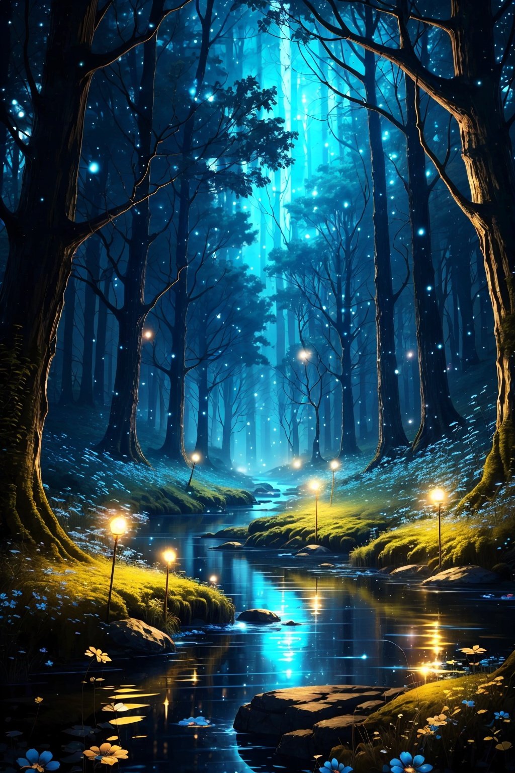  Best quality,8k,cg,scenery, flower, no humans, nature, forest, tree, night, fireflies, outdoors, water, blue flower, grass, light particles, blue theme