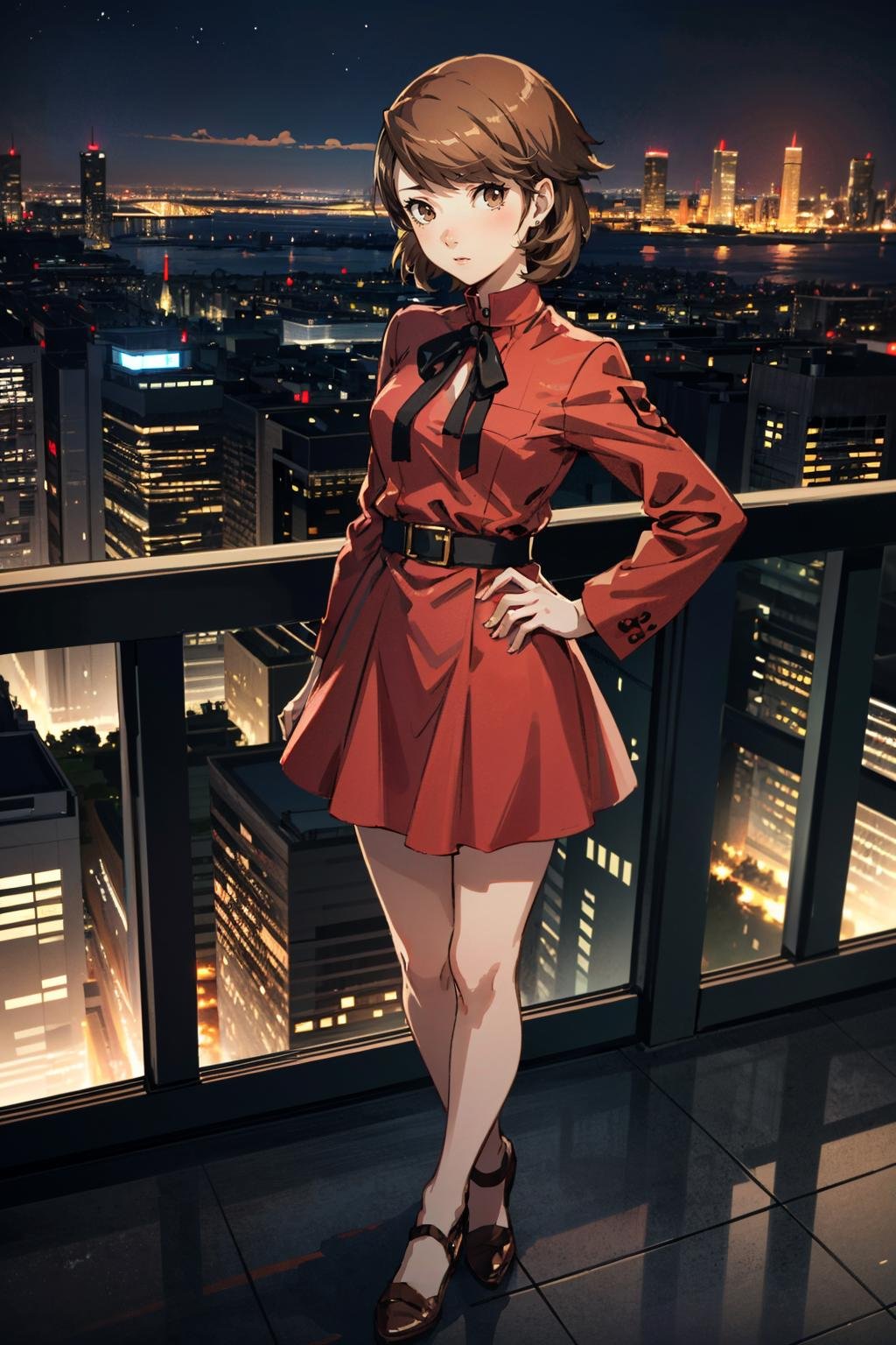 ((masterpiece, best quality))<lora:Persona3Yukari:0.9>Persona3Yukari, 1girl, solo, short hair, brown hair, brown eyes, overlooking a cityscape at night from a skyscraper, short dress, standing with hands on hips 