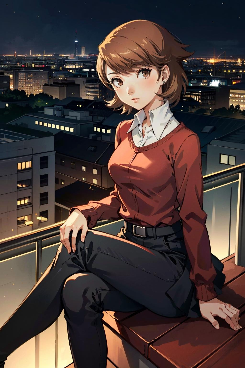 ((masterpiece, best quality))<lora:Persona3Yukari:0.9>Persona3Yukari, 1girl, solo, short hair, brown hair, brown eyes, Overlooking the city from a rooftop bar at night, chic outfit, sitting 