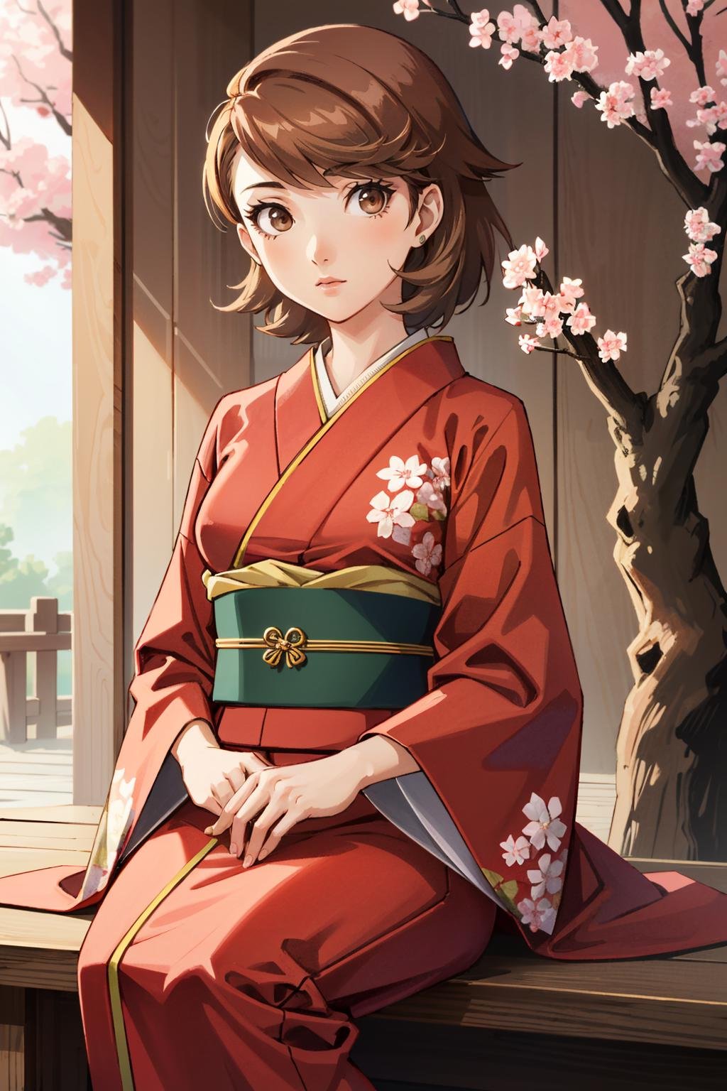 ((masterpiece, best quality))<lora:Persona3Yukari:0.9>Persona3Yukari, 1girl, solo, short hair, brown hair, brown eyes, in a traditional kimono, surrounded by cherry blossoms, one hand on the thigh 