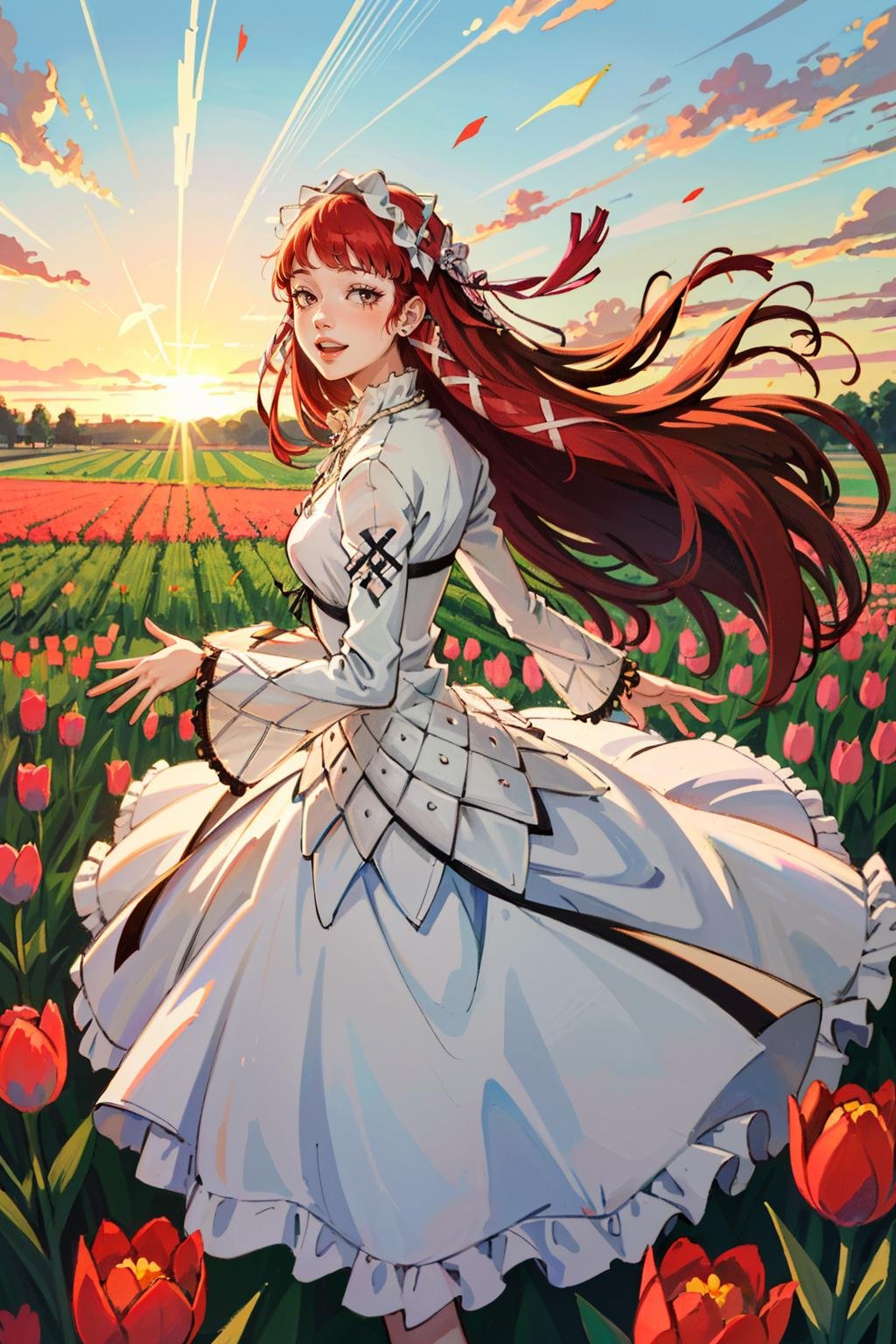 ((masterpiece, best quality))<lora:Persona3Chidori:0.8>Persona3Chidori, 1girl, solo, long hair, red hair, In a field of tulips at golden hour, elegant dress, twirling with joy