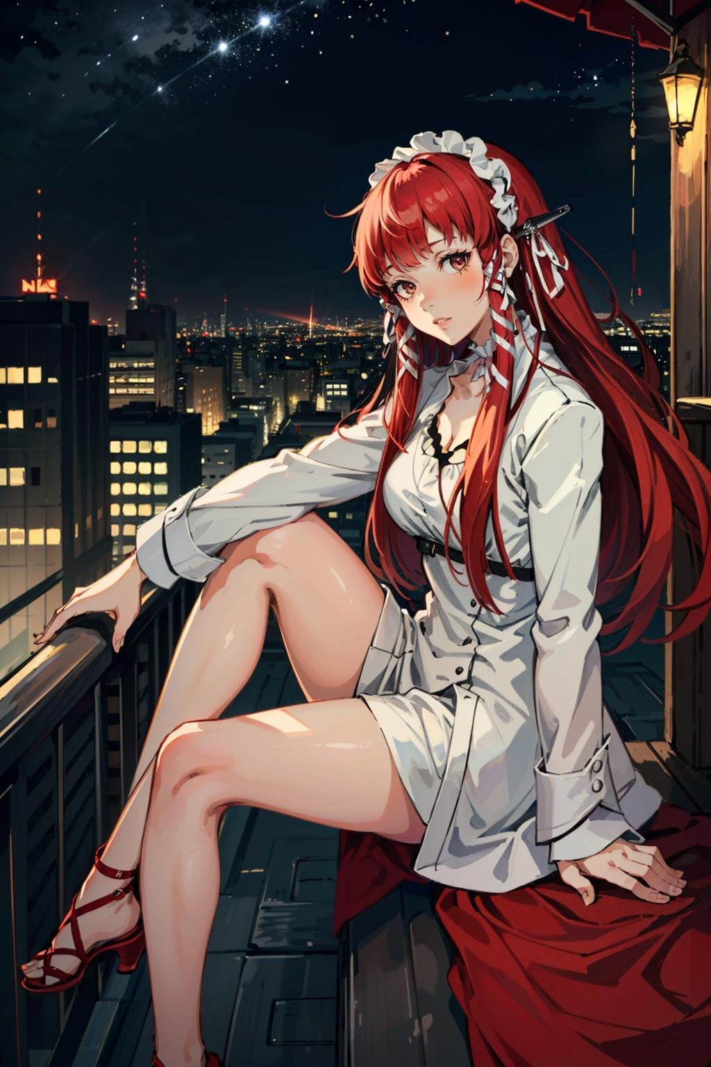 ((masterpiece, best quality)) <lora:Persona3Chidori-000006:0.8>Persona3Chidori, 1girl, solo, long hair, red hair, Overlooking the city from a rooftop bar at night, chic outfit, sitting