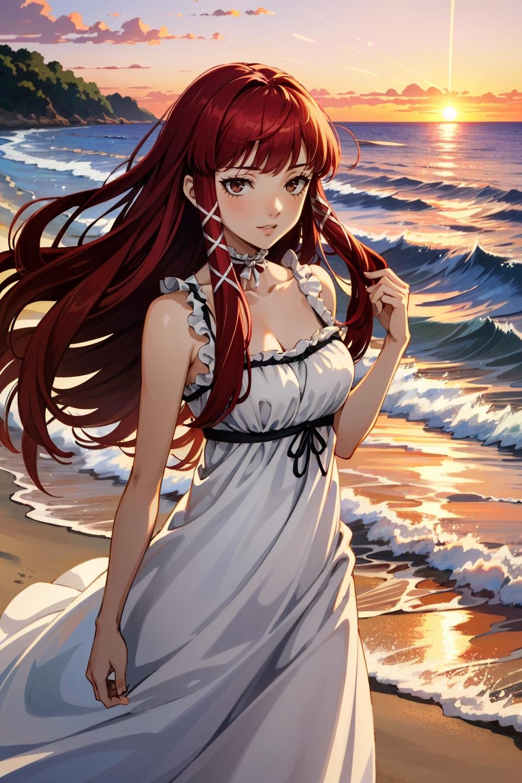 ((masterpiece, best quality))<lora:Persona3Chidori:0.8>Persona3Chidori, 1girl, solo, long hair, red hair, On a beach during a vibrant sunset, sundress, playing with the waves