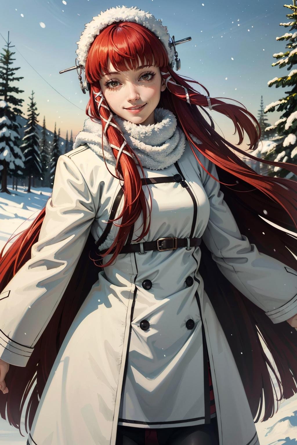 ((masterpiece, best quality))<lora:Persona3Chidori:0.8>Persona3Chidori, 1girl, solo, long hair, red hair, in a winter wonderland, cowboy shot, winter clothing, smile