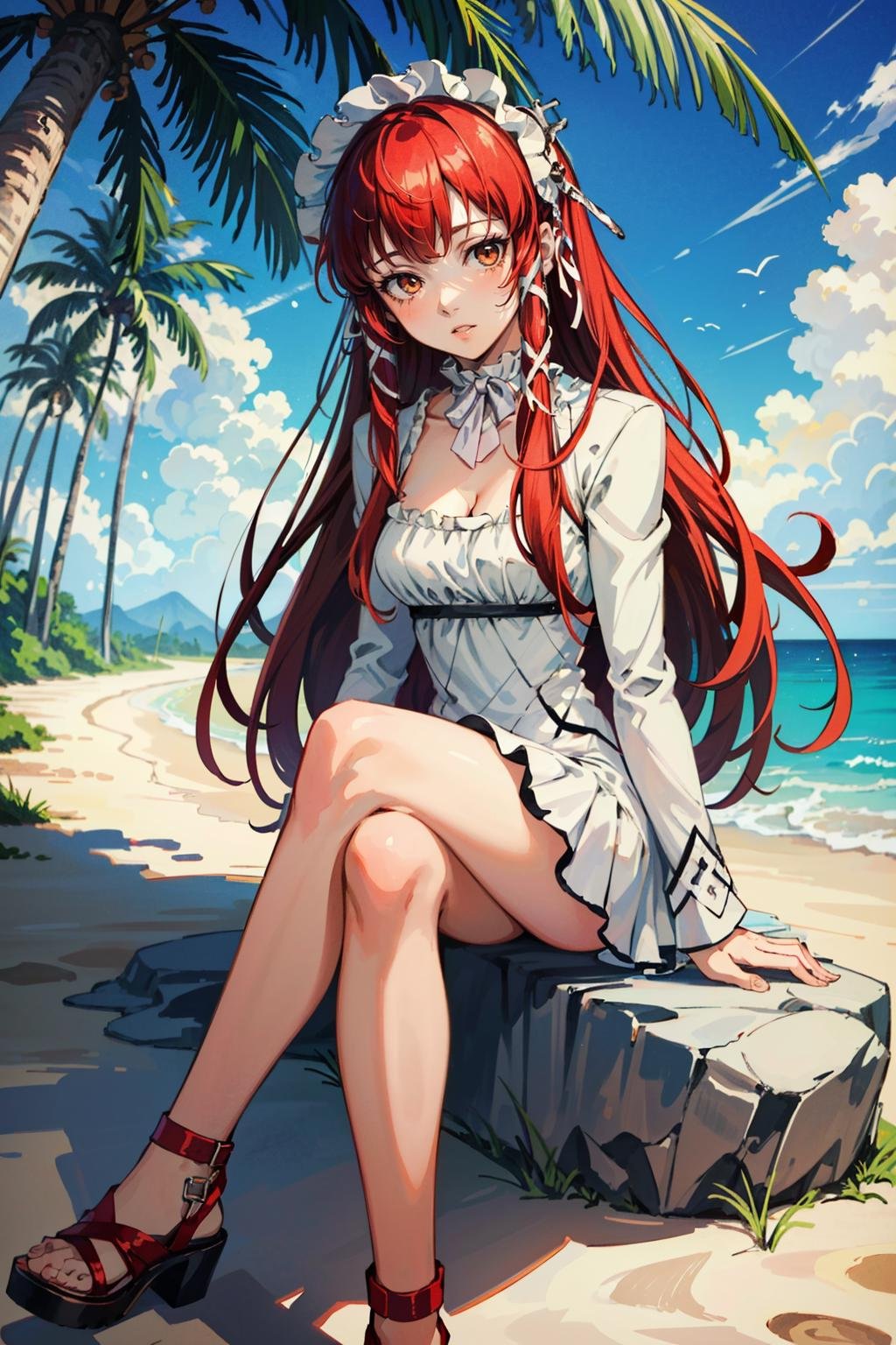 ((masterpiece, best quality)) <lora:Persona3Chidori-000006:0.8>Persona3Chidori, 1girl, solo, long hair, red hair, on the sandy beach, minidress, palm trees in the background, sitting cross-legged