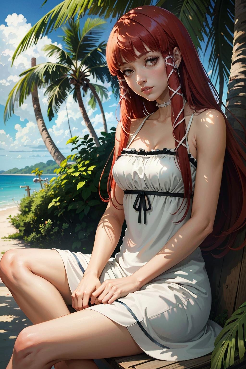 ((masterpiece, best quality))<lora:Persona3Chidori:0.8>Persona3Chidori, 1girl, solo, long hair, red hair, on a tropical island, sundress, palm trees, sitting cross-legged