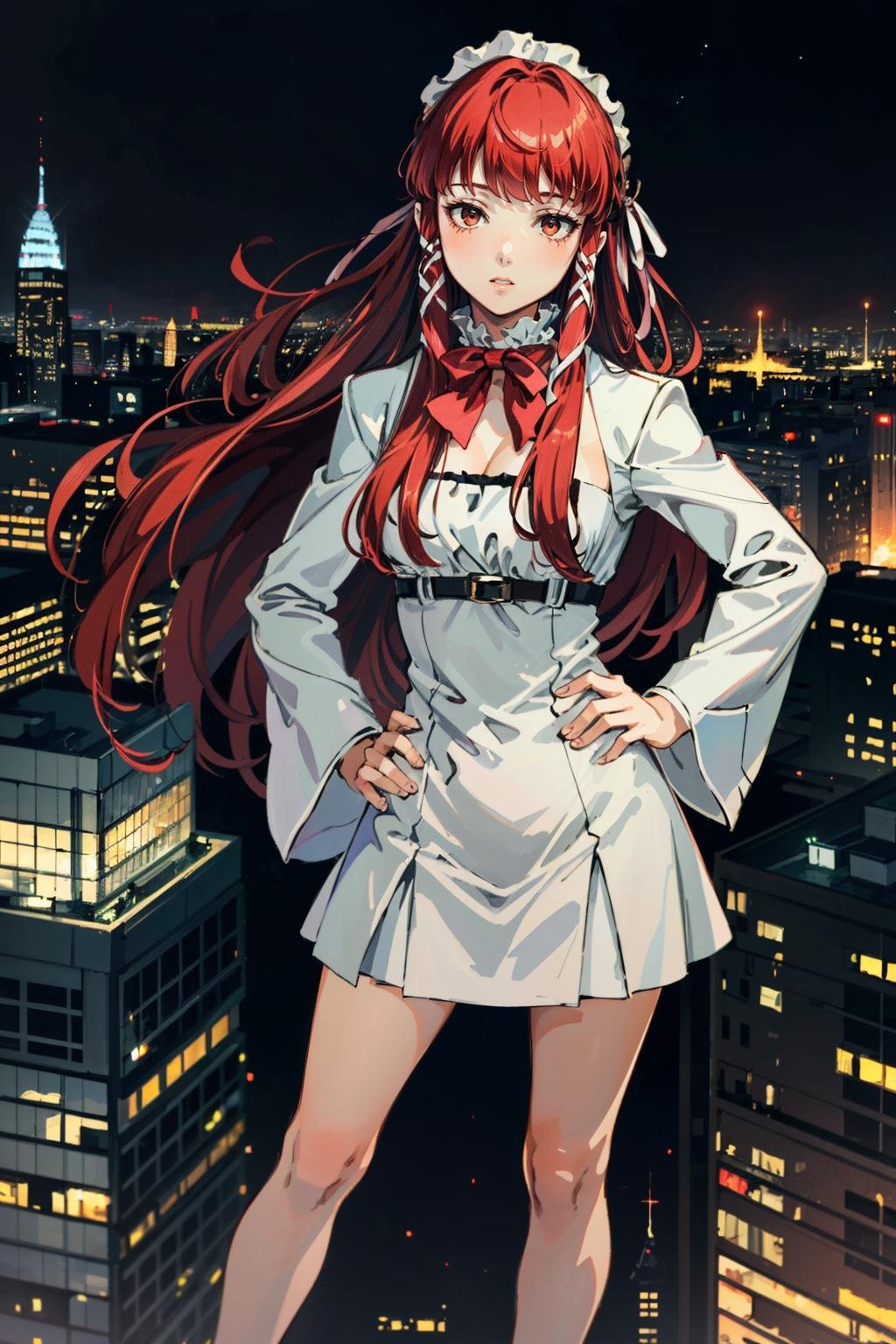 ((masterpiece, best quality))<lora:Persona3Chidori:0.8>Persona3Chidori, 1girl, solo, long hair, red hair, overlooking a cityscape at night from a skyscraper, short dress, standing with hands on hips