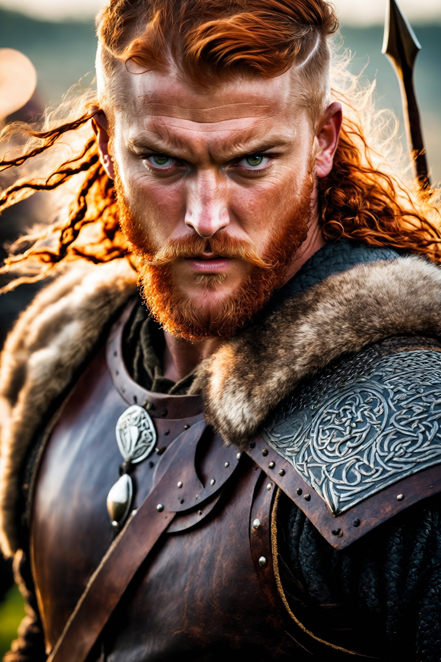 (Portrait of a fierce and fearsome Celtic warrior in battle), (action shot photo), (portrait), (fearsome), (furs coat), (ginger curl short hair), (holding an arrowbow), (silver eyes), (serious face, angry, mad), (Epic hero), (Symmetric), (Cinematic, vikings series style), (photorealistic fantasy art), (cinematic, realistic), (inspirational image), (digital art), (viking armor), (amber tone), (vikings mythology), (ambient lighting), (bokeh).