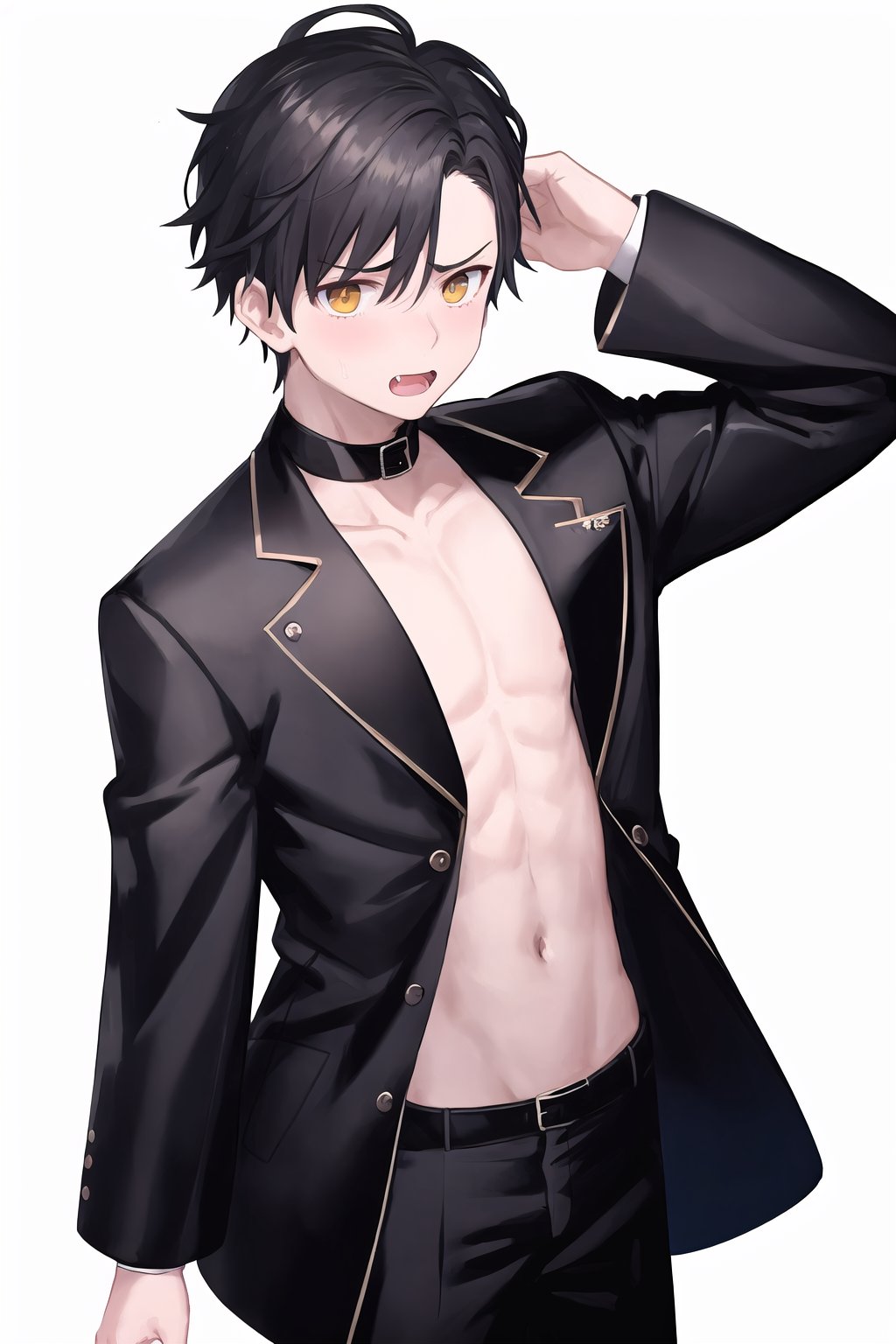 1boy, :d, annoyed, black jacket, chibi, double-breasted, facing viewer, gloom (expression), hair ornament, jacket, lineup, male focus, outline, pants, red hair, short hair, trembling, very long hair, white outline, yellow background