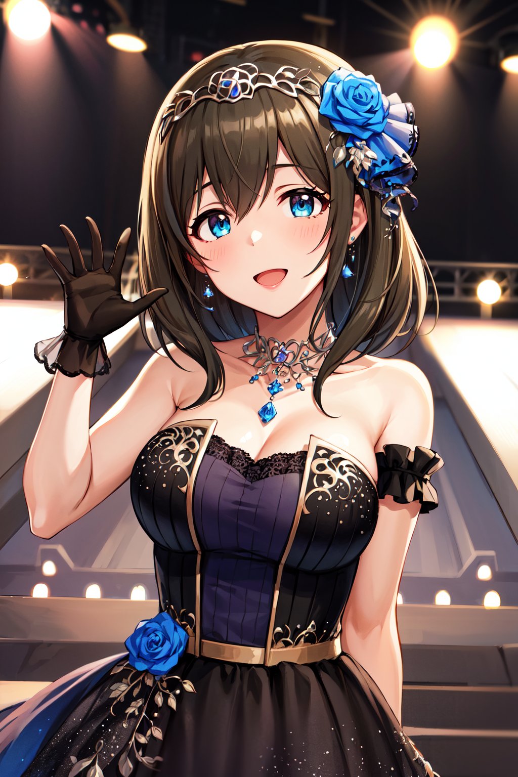 masterpiece, best quality, highres, ccfumika, idolmaster, long hair, tiara, hair ornament, hair flower, earrings, necklace, bare shoulders, cleavage, large breasts, black dress, strapless dress, black gloves, , <lora:sagisawa_fumika_v1:0.8>, waving, smile, open mouth, stage