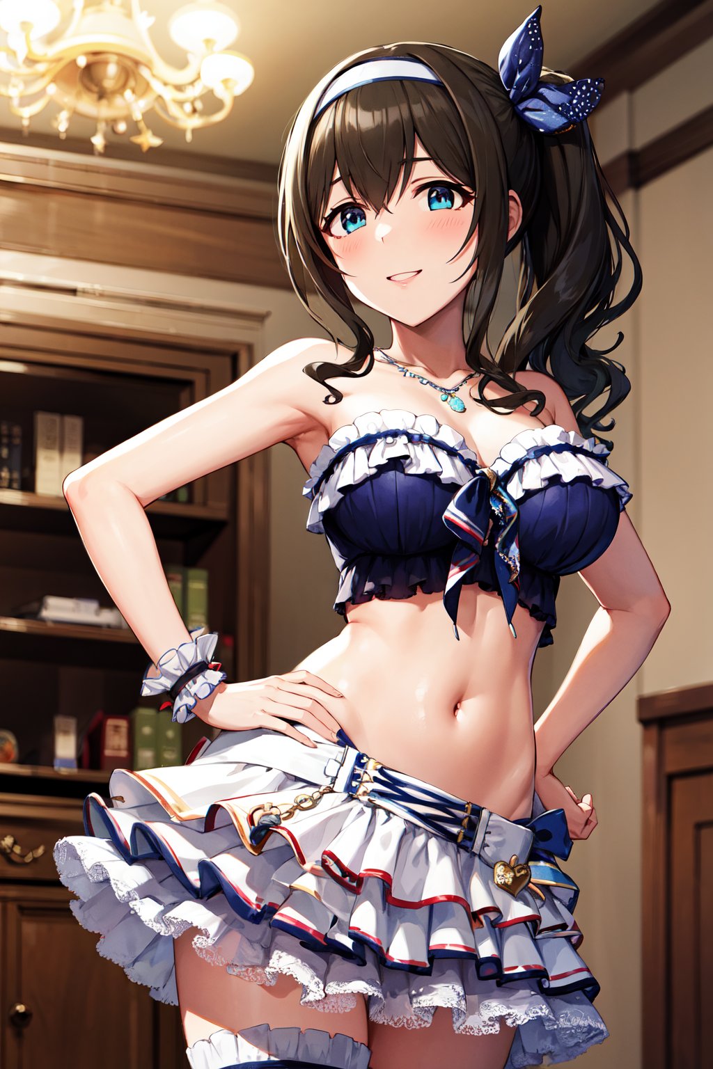 masterpiece, best quality, highres, ddfumika, idolmaster, side ponytail, hairband, hair ribbon, blue bow, star hair ornament, sidelocks, large breasts, collarbone, necklace, strapless, frilled bikini, arm garter, single wrist cuff, midriff, layered skirt, bridal garter, <lora:sagisawa_fumika_v1:0.8>, hand on hip, smile, indoors, chandelier,