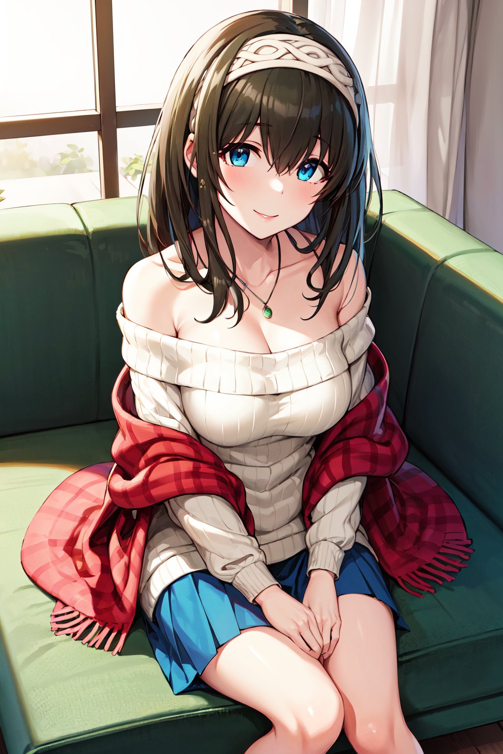 masterpiece, best quality, highres, bbfumika, idolmaster, long hair, hairband, collarbone, necklace, cleavage, off-shoulder sweater, white sweater, red shawl, blue skirt, <lora:sagisawa_fumika_v1:0.8>, sitting, sofa, smile,