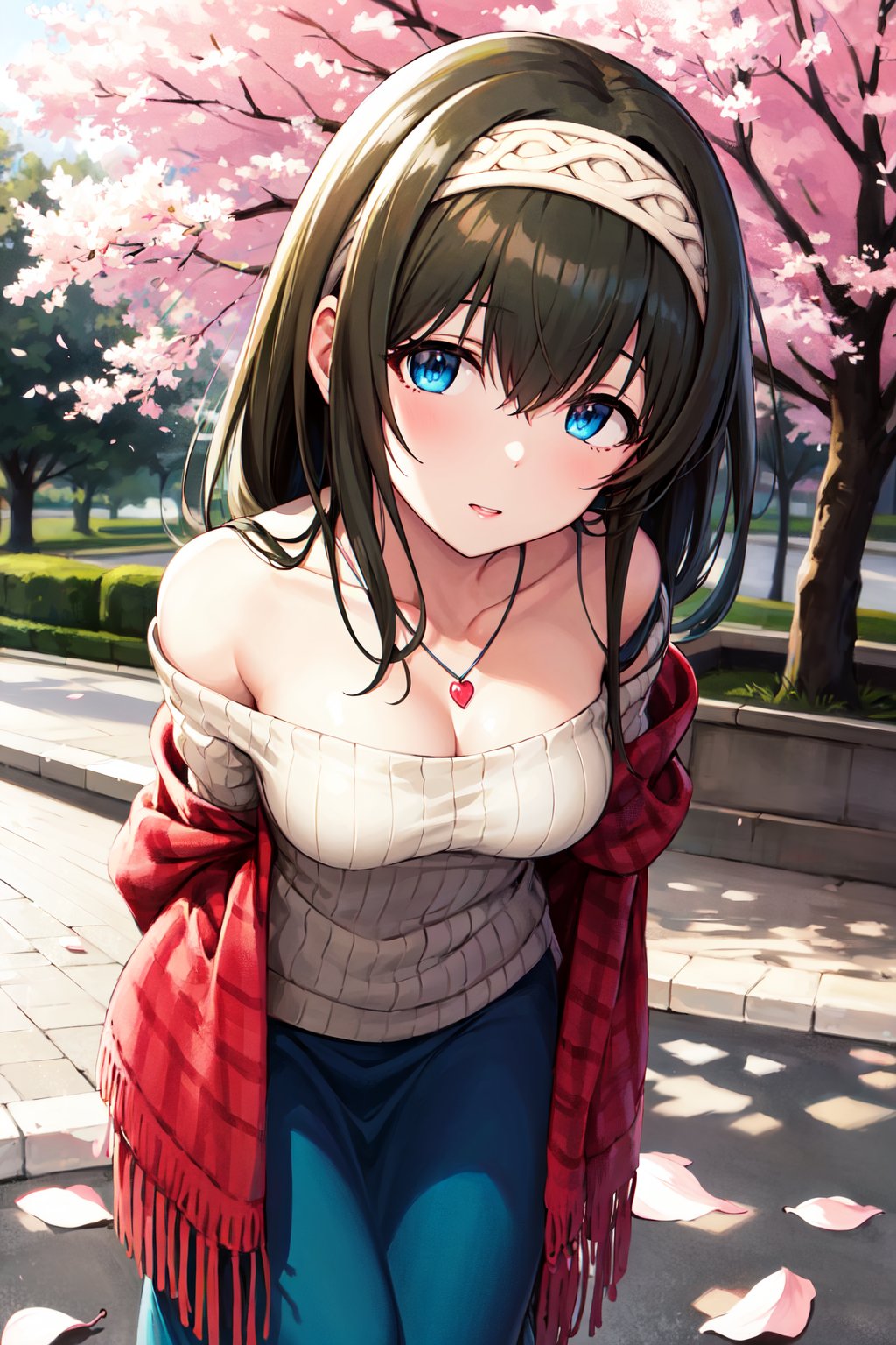 masterpiece, best quality, highres, bbfumika, idolmaster, long hair, hairband, collarbone, necklace, cleavage, off-shoulder sweater, white sweater, red shawl, blue skirt, <lora:sagisawa_fumika_v1:0.8>, cherry blossoms, arms behind back, leaning forward, outdoors, standing, 