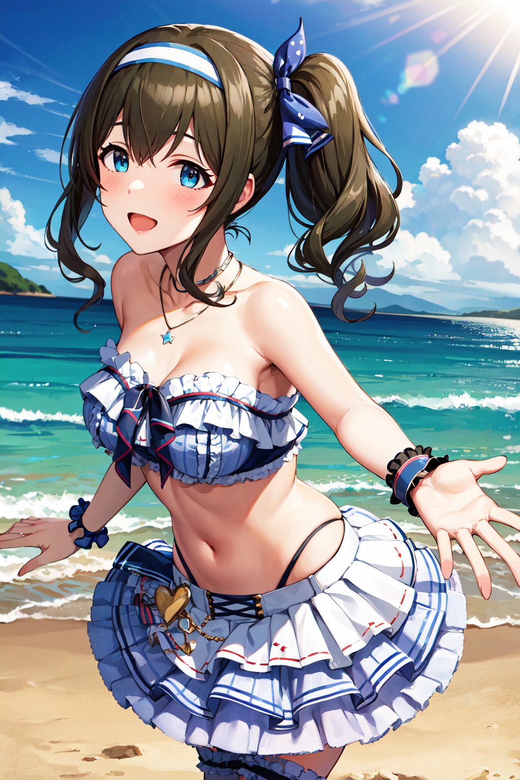 masterpiece, best quality, highres, ddfumika, idolmaster, side ponytail, hairband, hair ribbon, blue bow, star hair ornament, sidelocks, large breasts, collarbone, necklace, strapless, frilled bikini, arm garter, single wrist cuff, midriff, layered skirt, bridal garter, <lora:sagisawa_fumika_v1:0.8>, beach, standing, smile, outstretched arms, open mouth, 